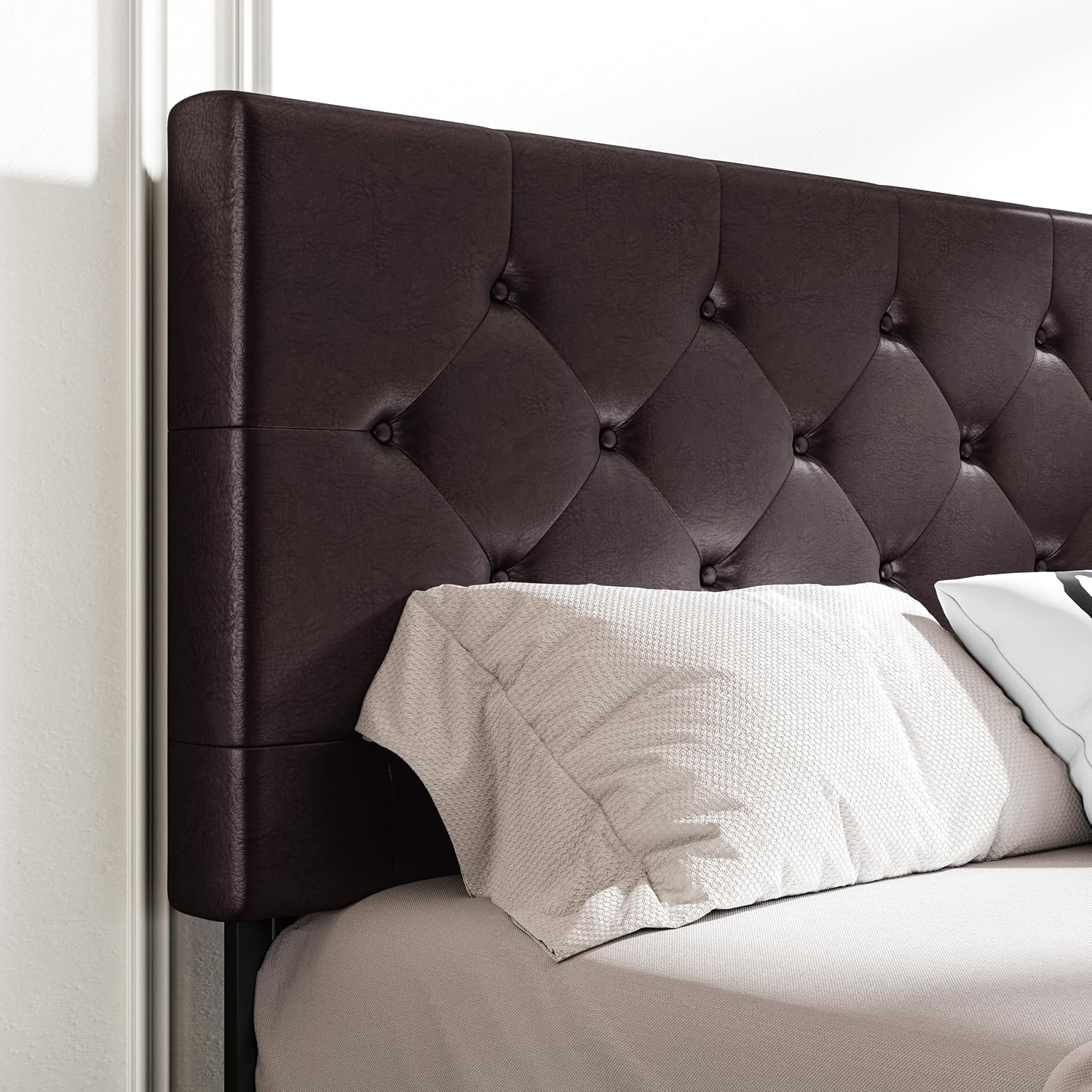 MUTICOR Full Size Bed Frame with 4 Storage Drawers, Upholstered Platform Bed with Button Tufted Adjustable Headboard, No Box Spring Needed, Easy Assembly, Diamond Tufted, Black Brown Leather
