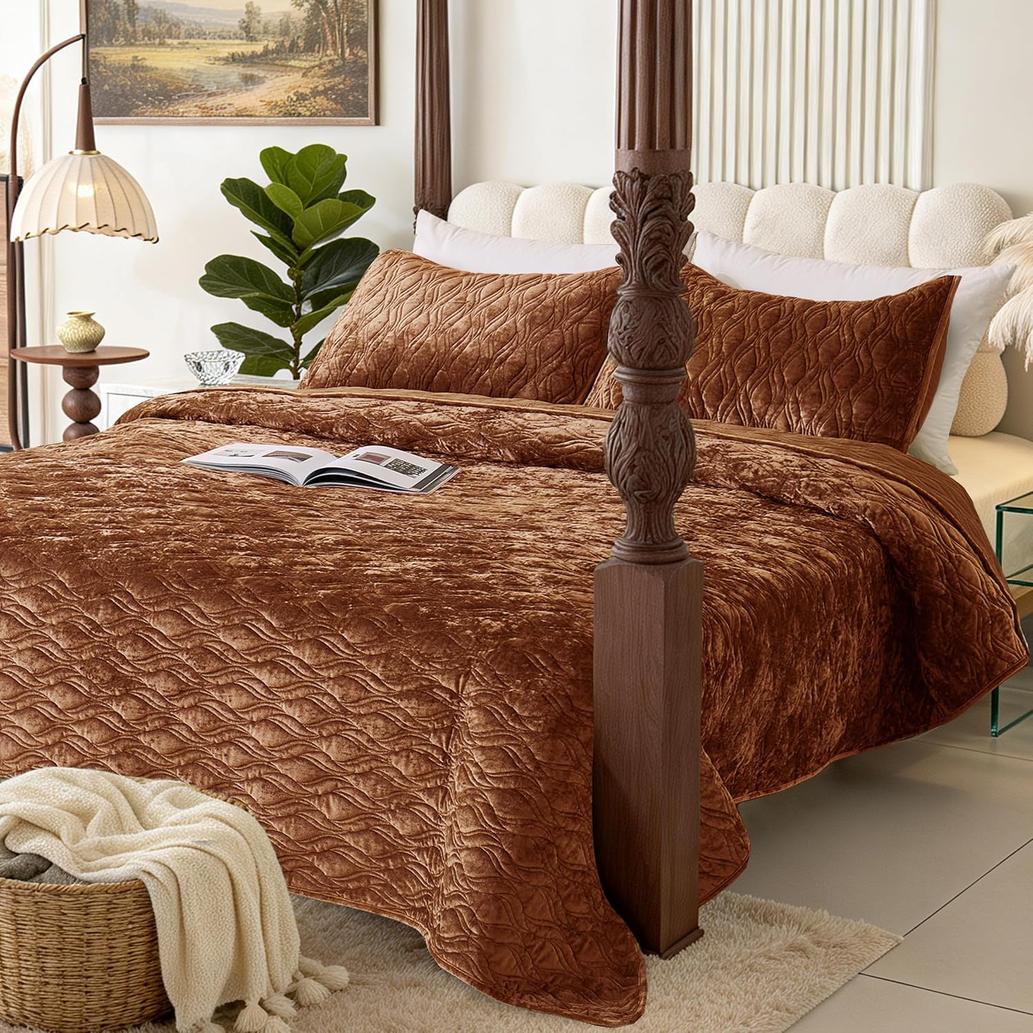 Luxury Oversized King Quilt 120x120 Bedspreads Coverlet Bedding Set Velvet Comforter King Size 3 Pieces Set with 1 Quilted Beauty Bedspreads and 2 Pillow Shams 20x36,Caramel