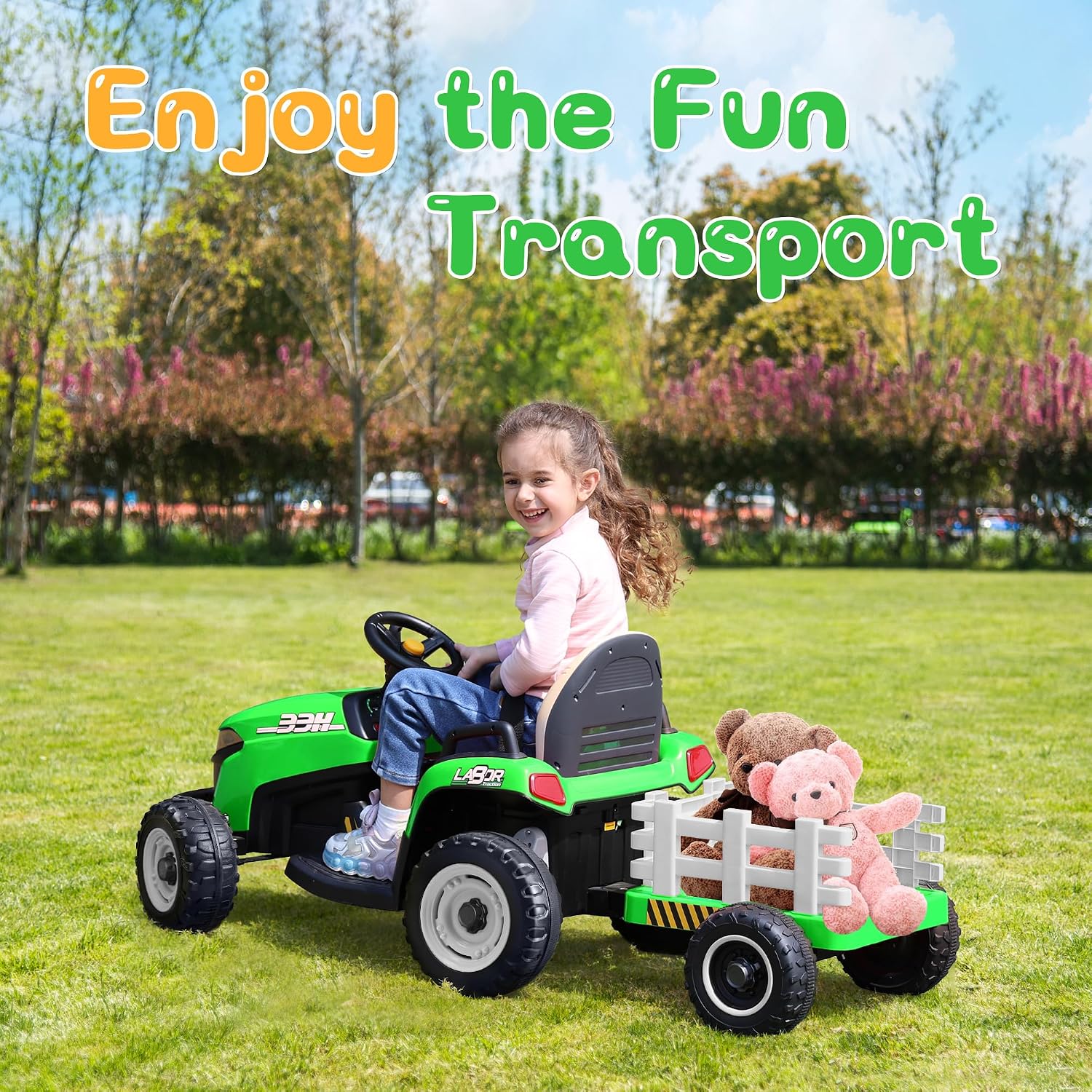 ANPABO 24V Ride On Tractor w/Tiltable & Detachable Trailer, EVA Tires, Up to 4.3Mph, Ride On Toys with Parental Remote, Realistic Tractor Sound & Chimney, Music Player, LED Light, Green