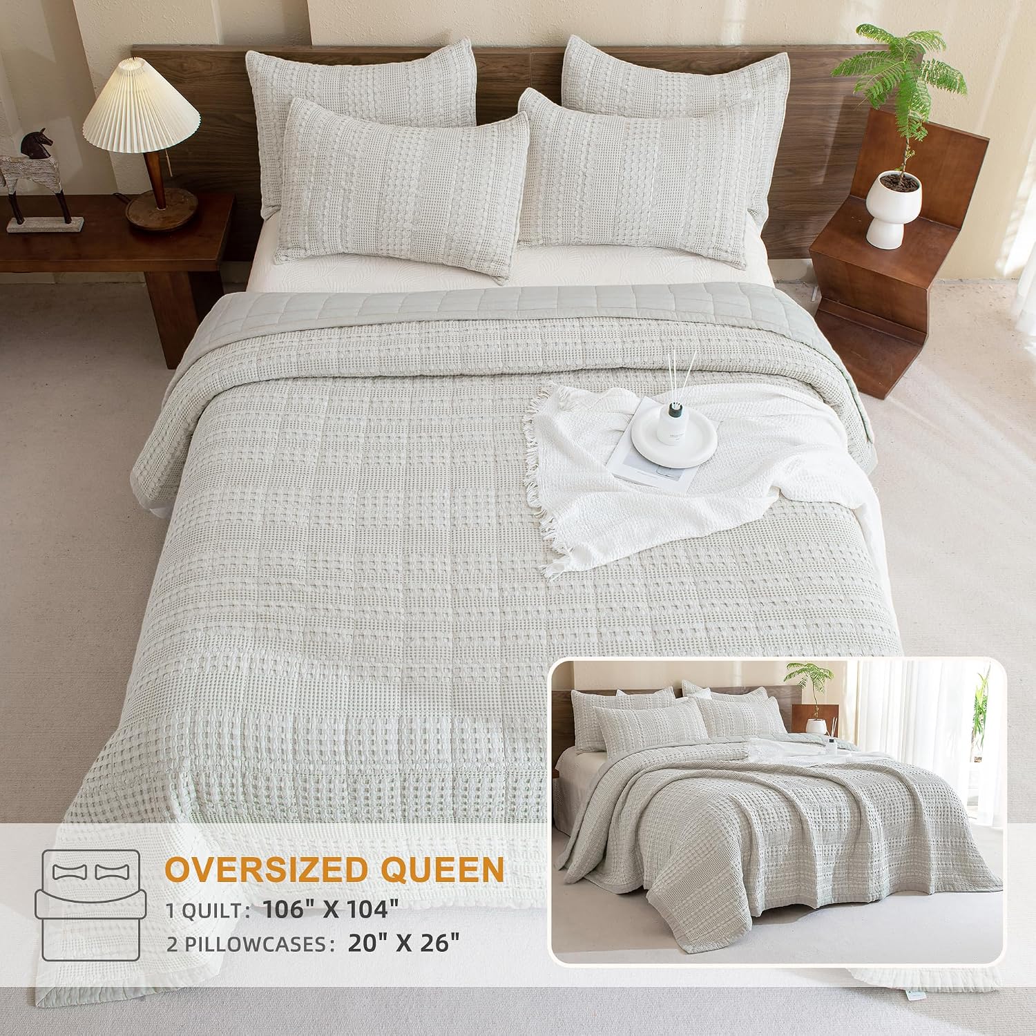 Sanracie Cotton Oversized Queen Bedspread (104 * 106'), Khaki Waffle Weave Quilt Set Farmhouse Shabby Boho Chic Bedding Coverlet Set All Season