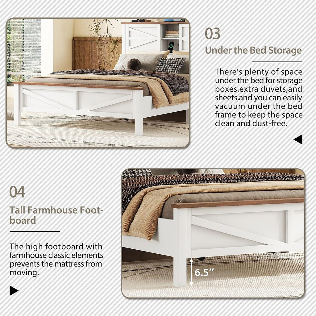 SOFTSEA 3-Piece Farmhouse Bed Frame Set with Charging Station, Full Size Platform Bed with Storage Headboard, Storage Nightstand and Dresser, Wood Bedroom Furniture Set, White+Brown