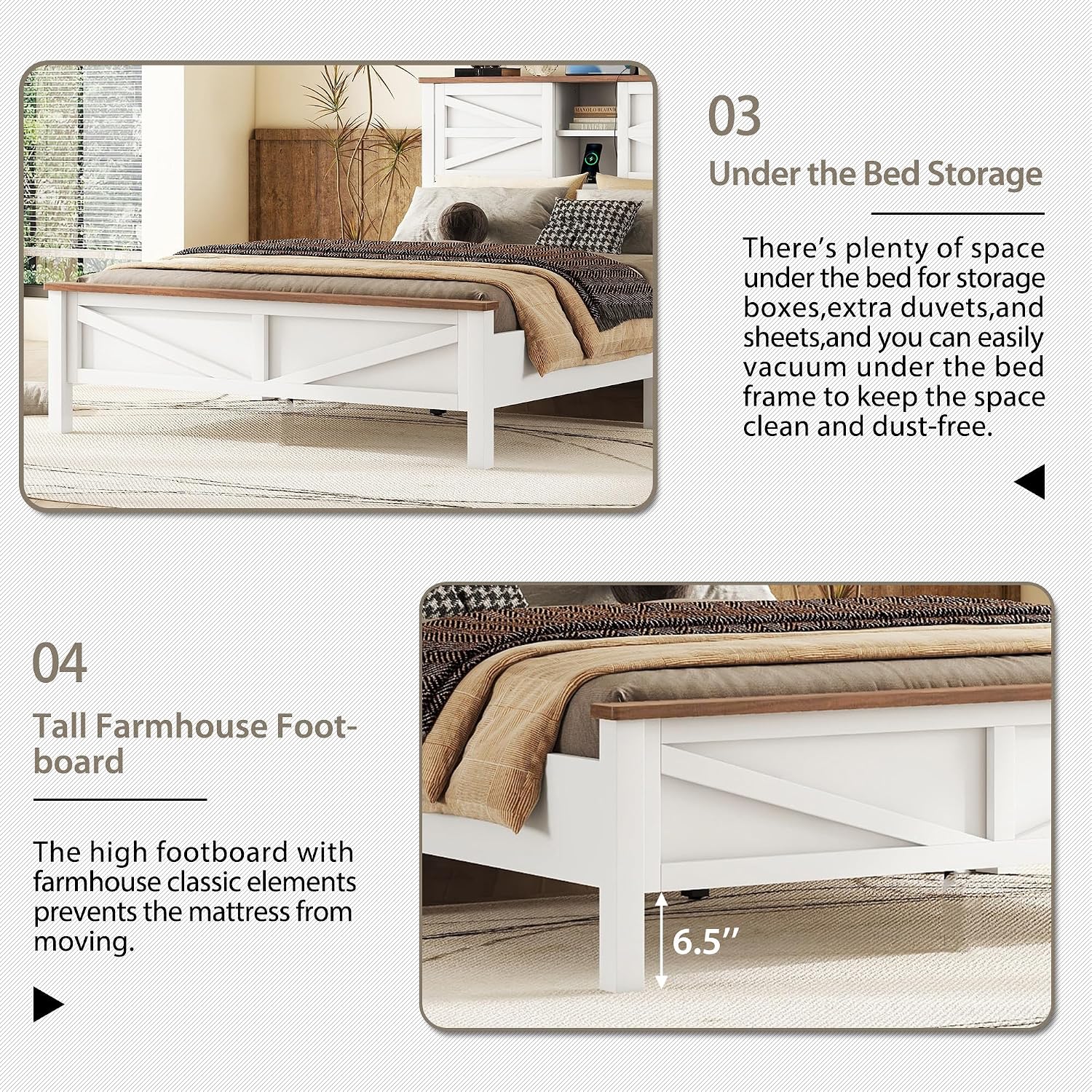 SOFTSEA 3-Piece Farmhouse Bed Frame Set with Charging Station, Full Size Platform Bed with Storage Headboard, Storage Nightstand and Dresser, Wood Bedroom Furniture Set, White+Brown
