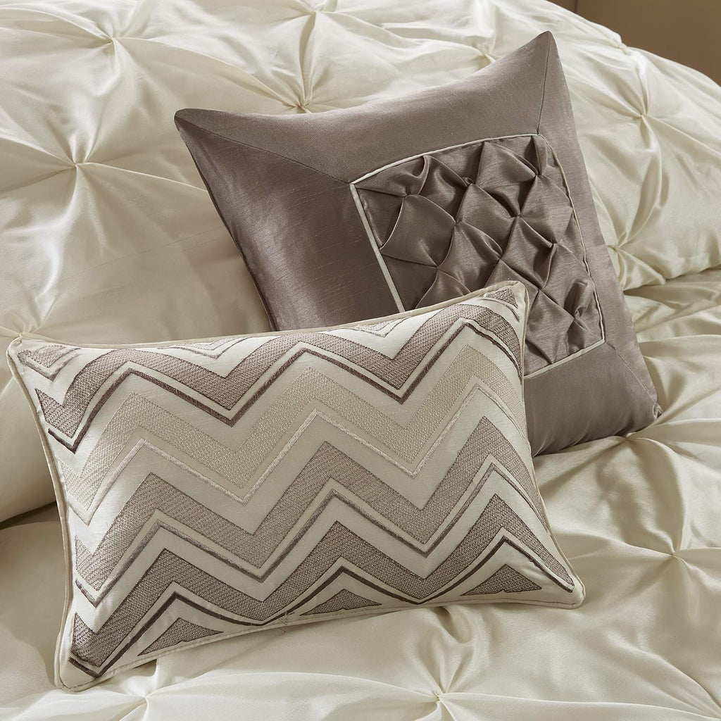 Madison Park Essentials Room in a Bag Faux Silk Comforter Set - Luxe Diamond Tufting All Season Bedding, Matching Curtains, Decorative Pillows, Ivory Cal King(104'x92') 24 Piece