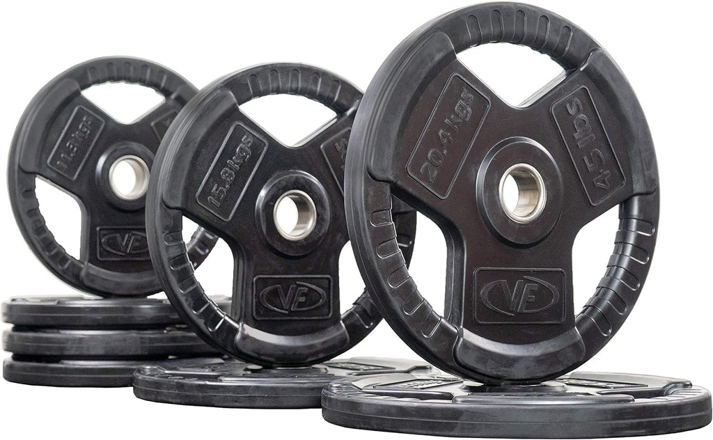 Valor Fitness OP Olympic Weight Plates Coated Rubber Weights w/Weight Plate Set, Barbell Weights w/Grips for Home Gym