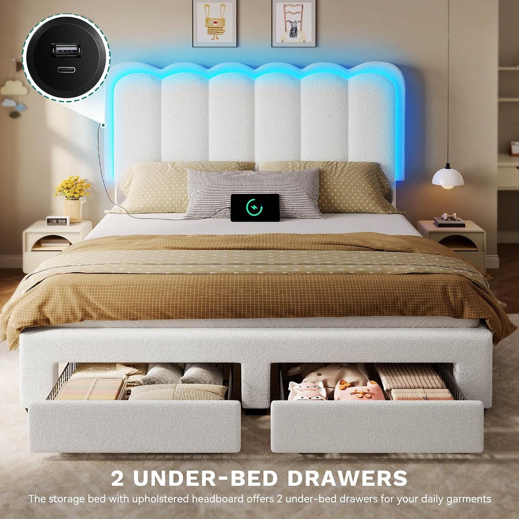 YITAHOME Queen Size Bed Frame with Drawer, Adjustable Headboard with Charging Station and LED Lights, Upholstered Platform Bed with Heavy Duty Wood Slats, No Box Spring Needed, Easy Assembly, Beige