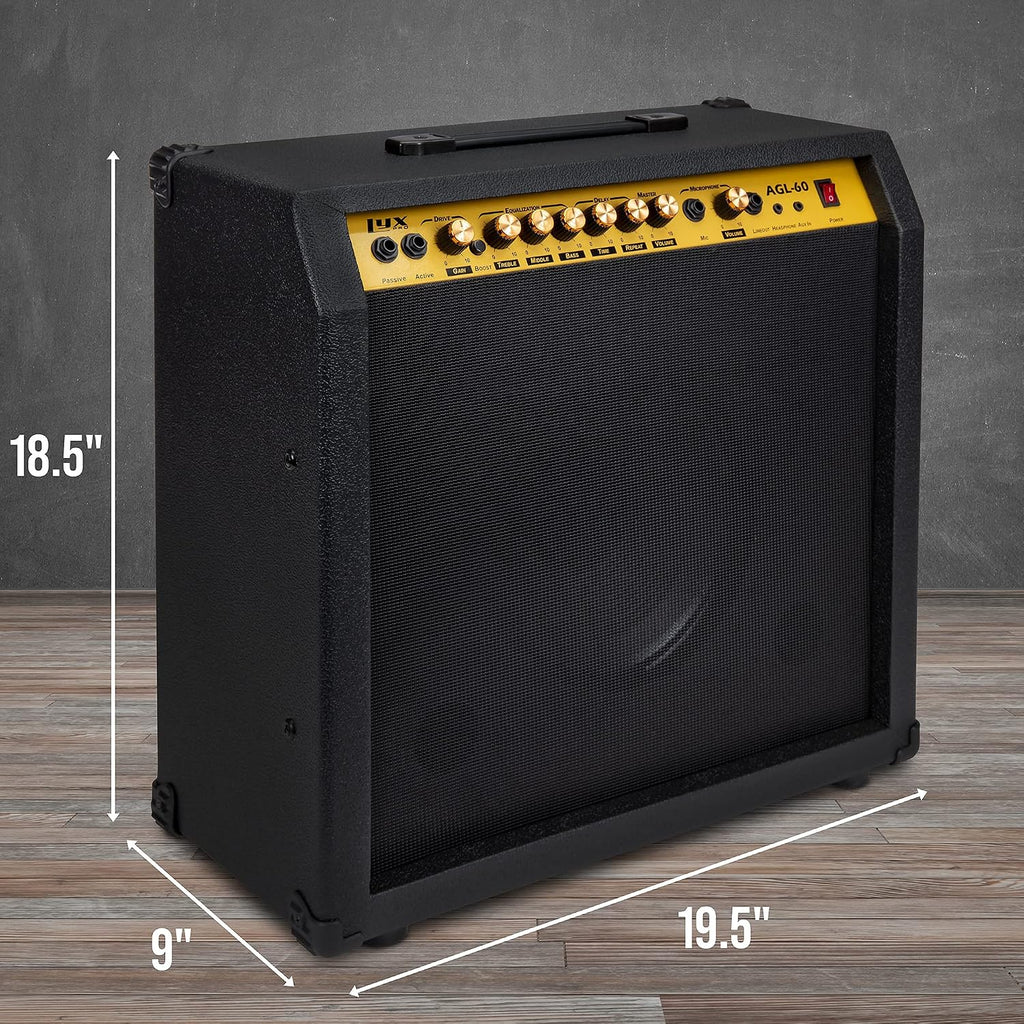 LyxPro 60 Watt Electric Guitar Amplifier | Combo Solid State Studio & Stage Amp with 10' 4-Ohm Speaker, Custom EQ Controls, Drive, Delay, ¼' Passive/Active/Microphone Inputs, Aux in & Headphone Jack
