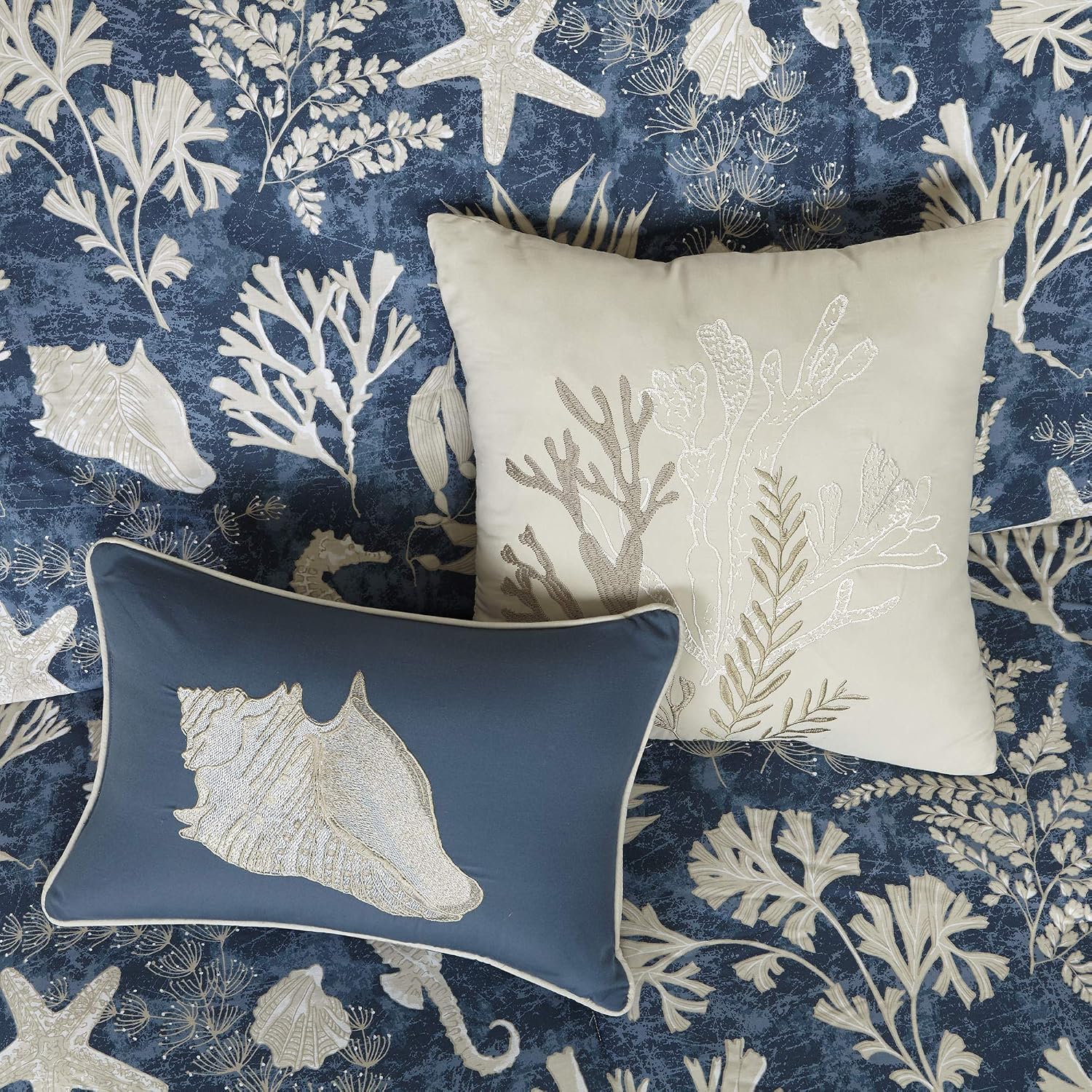 Madison Park 100% Cotton Comforter Set-Coastal Coral, Starfish Design All Season Down Alternative Cozy Bedding with Matching Shams, Decorative Pillow, King (104 in x 92 in), Cape Cod Navy 7pcs