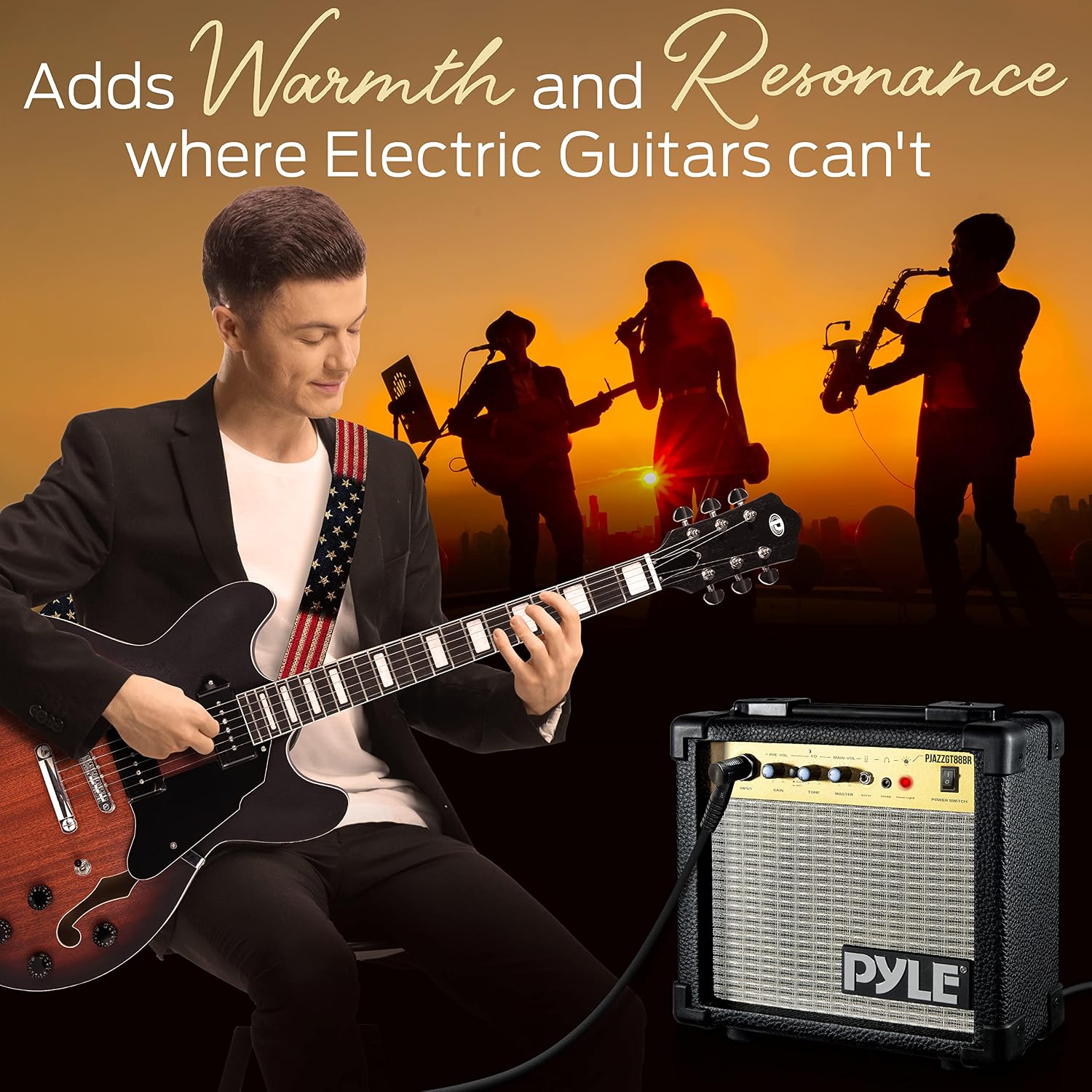 Pyle Semi Hollow Body Electric Guitar Set, 41.8' Full Size Jazz Instrument Kit with Gig Bag and Accessories, Matte Sunburst