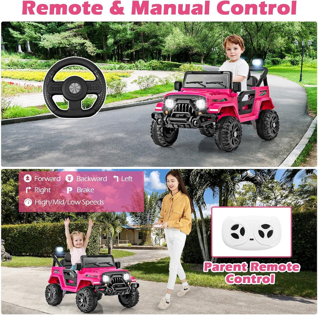 OLAKIDS Ride on Truck, 12V Battery Powered Electric Vehicle for Kids with Remote Control, Bluetooth, Power Display, LED Lights, Music Player, Ride on Toy for 3+ Boys Girls (Pink)
