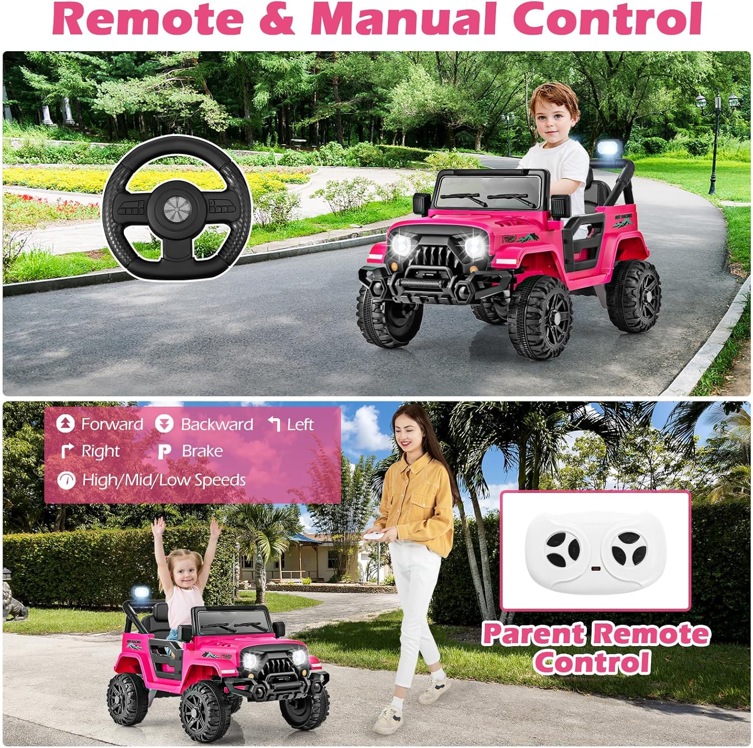 OLAKIDS Ride on Truck, 12V Battery Powered Electric Vehicle for Kids with Remote Control, Bluetooth, Power Display, LED Lights, Music Player, Ride on Toy for 3+ Boys Girls (Pink)