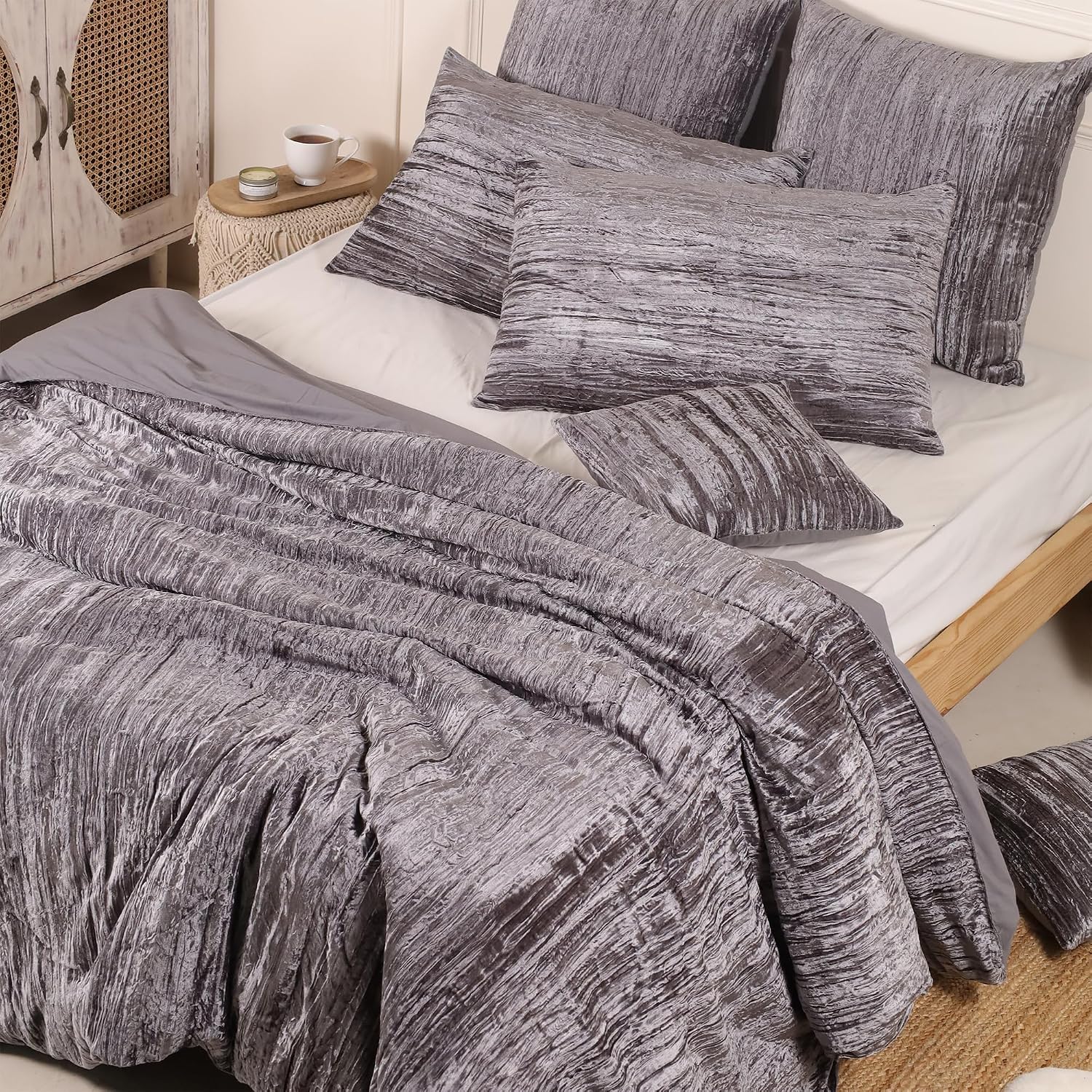The Harry Creations 3 Pcs Set Solid Pattern Velvet Bedding Ultra Donna Crushed Luxury Boho Duvet Cover (Crush- Gray, Super King Plus 114' x 118')