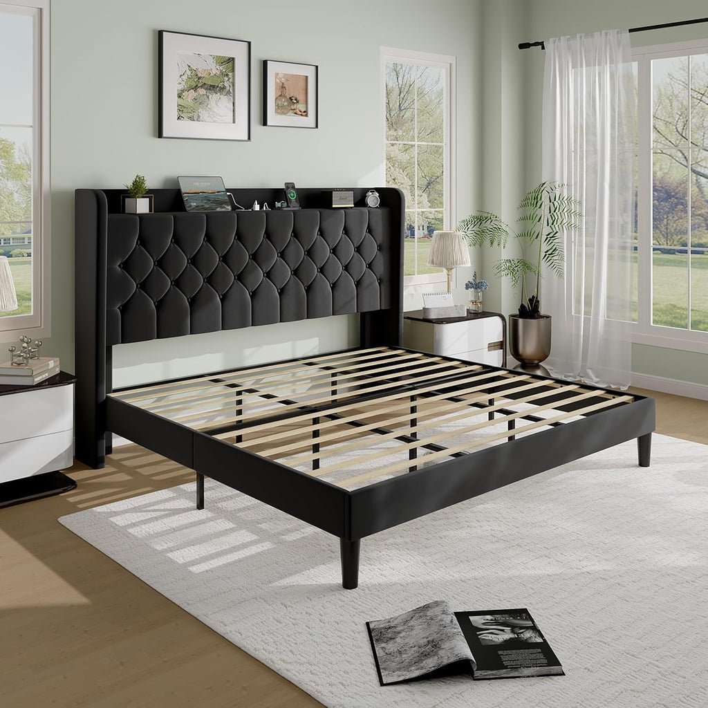 SHA CERLIN King Size Platform Bed Frame with Charging Station, Velvet Wingback Headboard with Storage Shelf, Wooden Slats Support, Ample Under-Bed Space, No Box Spring Needed, Easy Assembly, Black