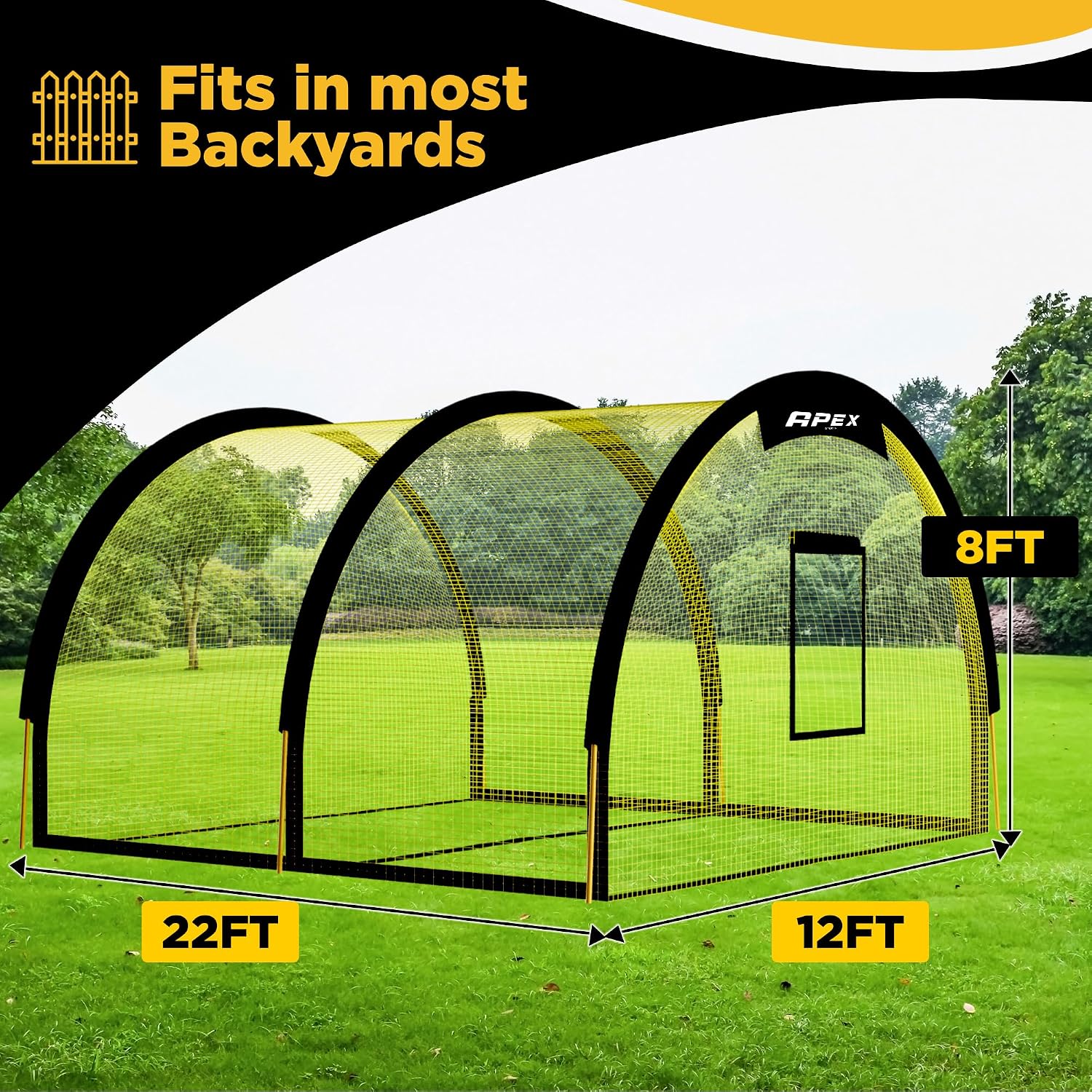 Apex Sports Portable 22ft x 12ft x 8ft Baseball & Softball Batting Cage with Pitching Machine Hole, 3ply 1.25'' Yellow Netting, Secure Steel Poles, 12.7MM Fibreglass Poles, Carry Bag Included