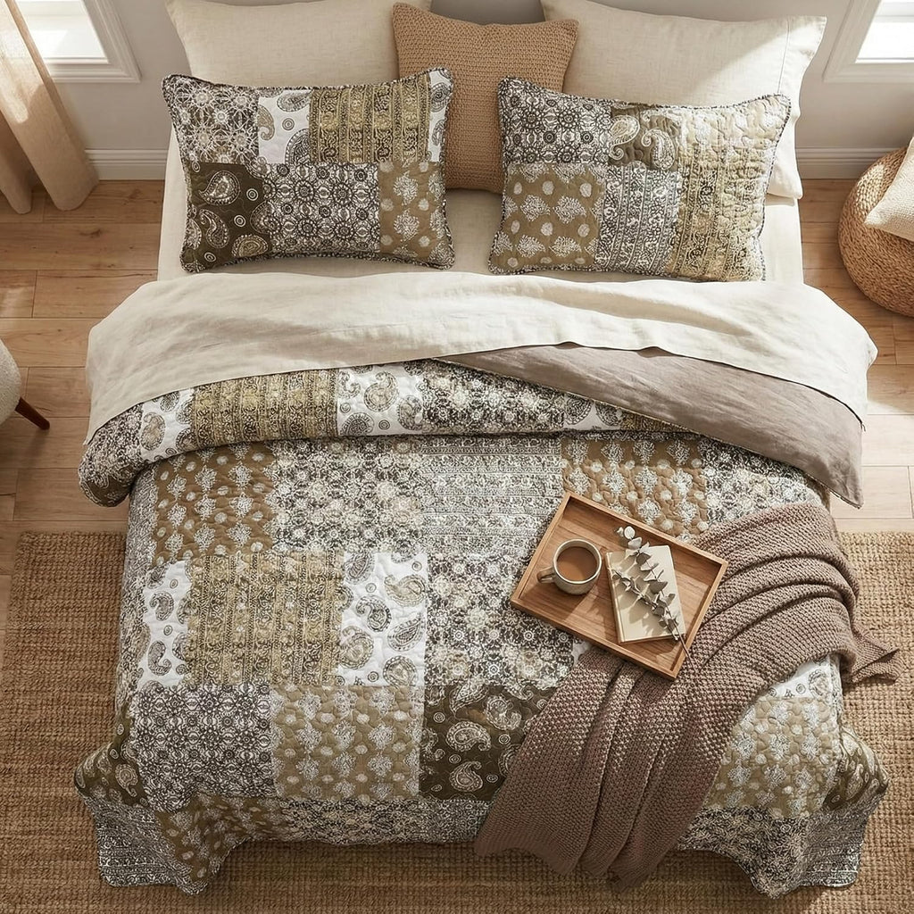 DaDa Bedding Bohemian Cotton Real Patchwork Floral Quilt Bedspread - Moroccan Dreams Filigree Paisley Olive Green Brown - Reversible Multi-Colorful Rustic Quilted Coverlet Set - Twin - 2-Pieces