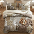 DaDa Bedding Bohemian Cotton Real Patchwork Floral Quilt Bedspread - Moroccan Dreams Filigree Paisley Olive Green Brown - Reversible Multi-Colorful Rustic Quilted Coverlet Set - Twin - 2-Pieces