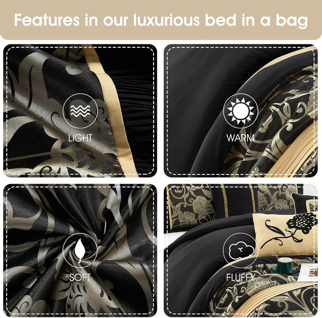Stratford Park Jacquard 7-Piece Comforter Bedding Set Black, California King Floral Bedding Set, Matching Bedskirt, Pillows & Shams