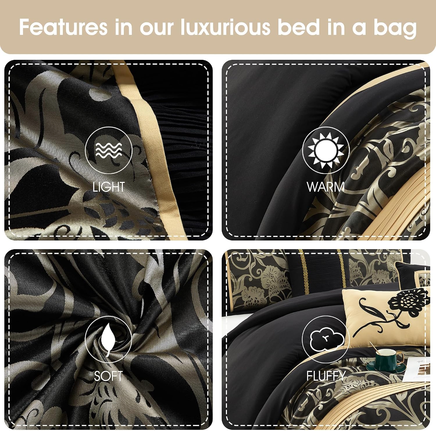Stratford Park Jacquard 7-Piece Comforter Bedding Set Black, California King Floral Bedding Set, Matching Bedskirt, Pillows & Shams