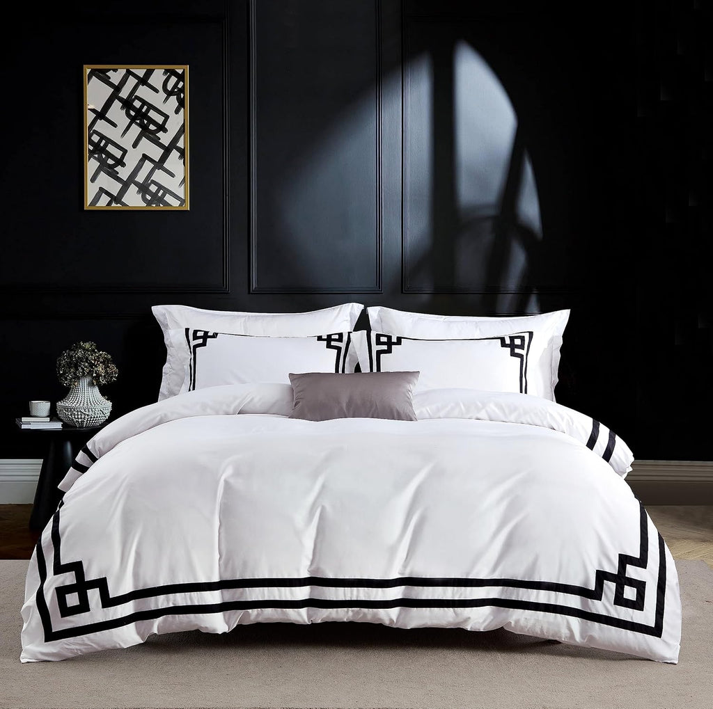 3 Pcs Do Not Include Filling Duvet Cover Set 100% Egyptian Cotton Sateen Luxury 400 TC (White Black, Full)