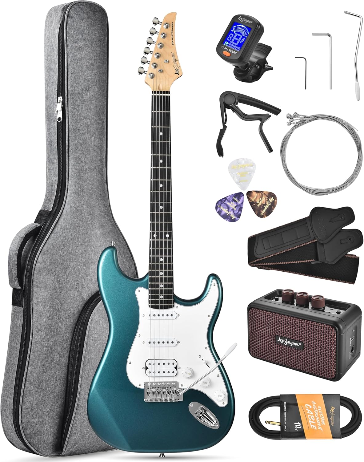 Leo Jaymz Beginner Electric Guitar 39' Kit with Portable Amplifier, Padded Gig Bag, Digital Tuner，Capo，Strap，Picks，HSS Pickups (Teal-HSS)