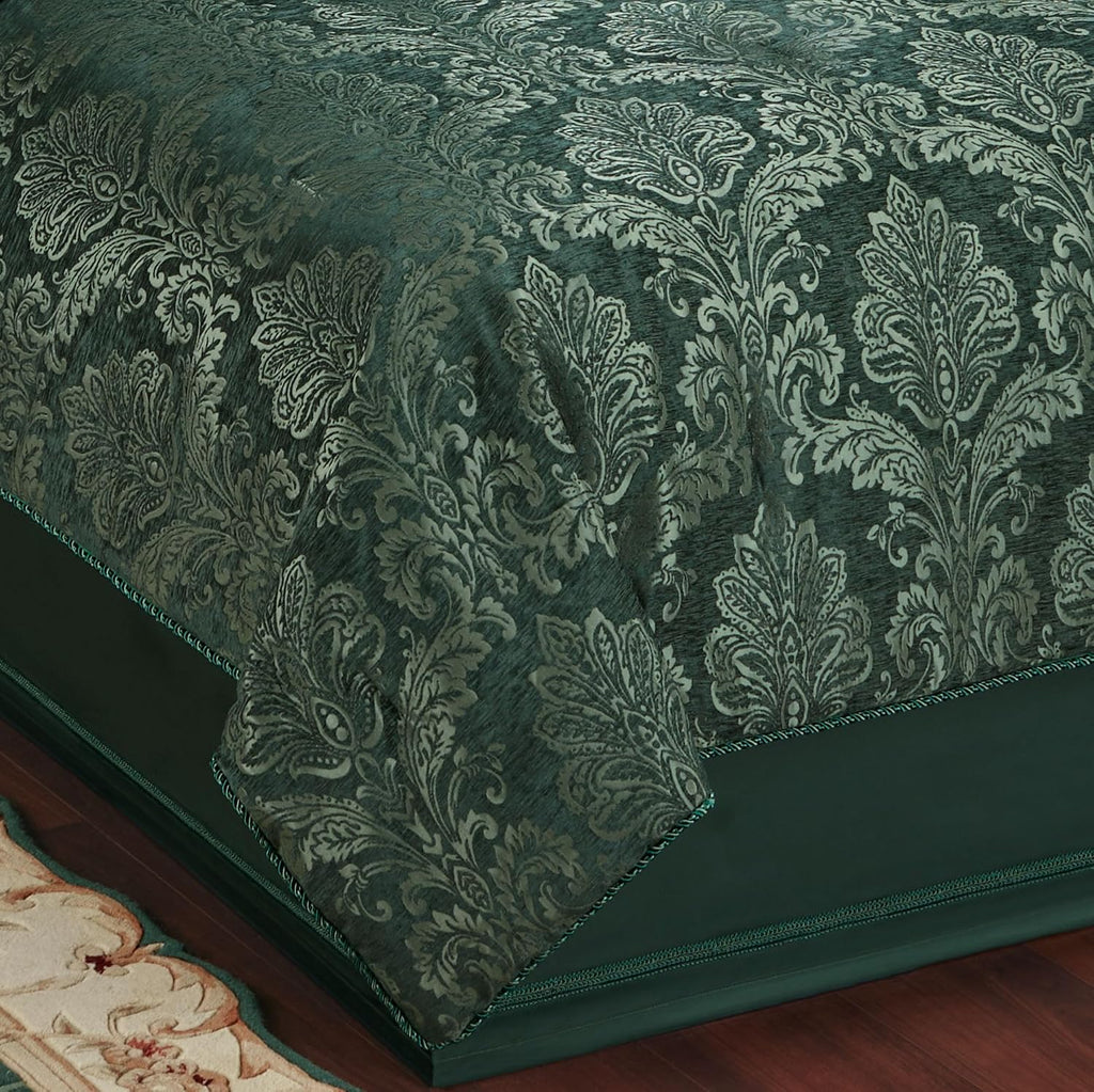 Camelot Luxury Bedding | Emerald Green | Matte Satin Damask on Richly Textured Jacquard-Woven Chenille | 7 Piece Set Includes Queen Comforter, Bedskirt, 2 Standard Shams, and 3 Decorative Pillows