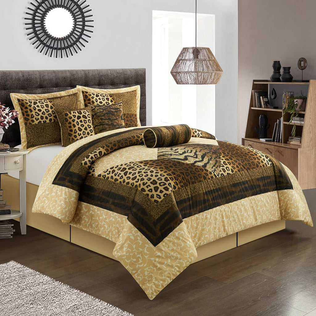 Grand Avenue Leopard Print 7 Pieces Queen Comforter Set, Bed in a Bag, Brown Matching Pillows & Shams, Bed Skirt, Premium Quality, Ultra-Soft