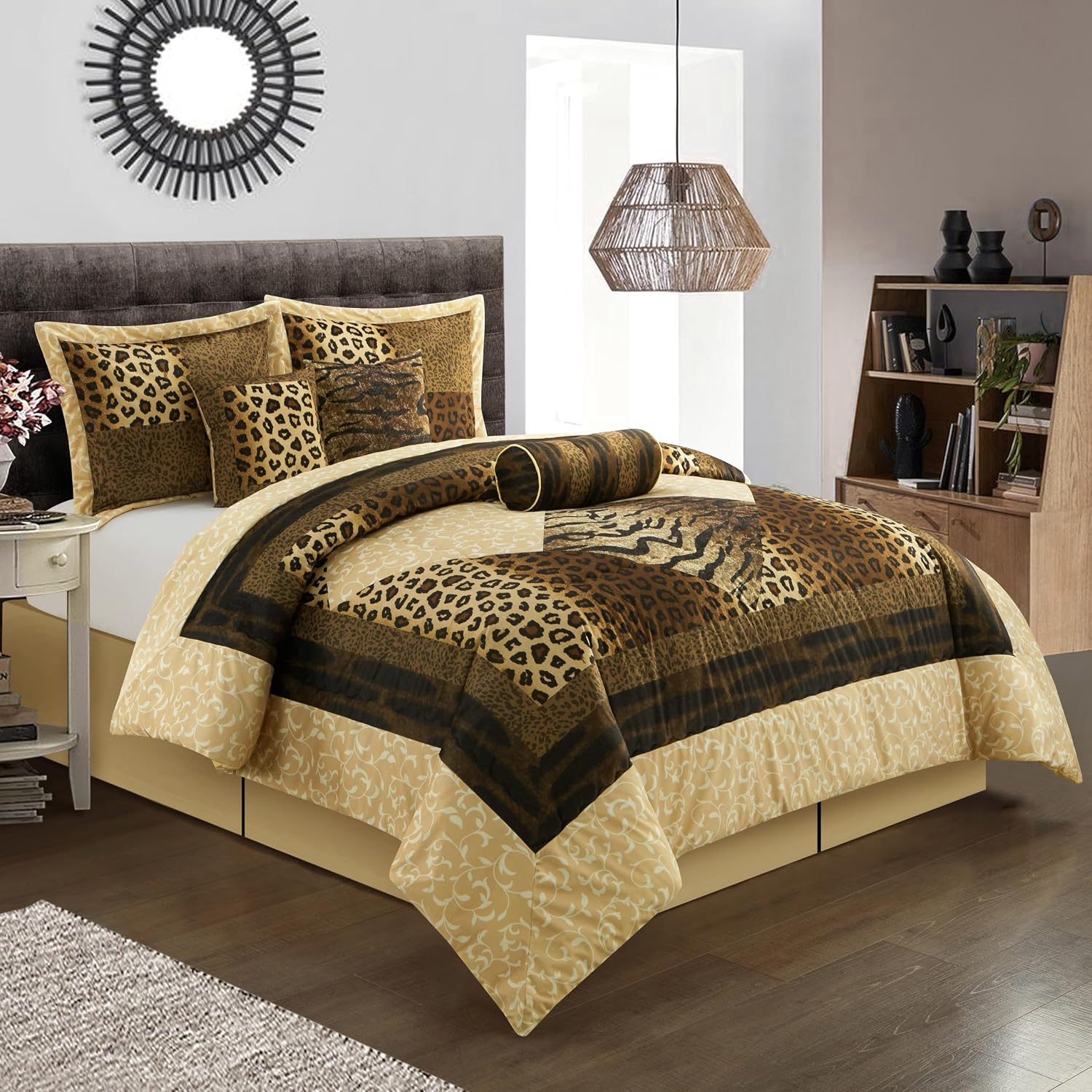 Grand Avenue Leopard Print 7 Pieces Queen Comforter Set, Bed in a Bag, Brown Matching Pillows & Shams, Bed Skirt, Premium Quality, Ultra-Soft