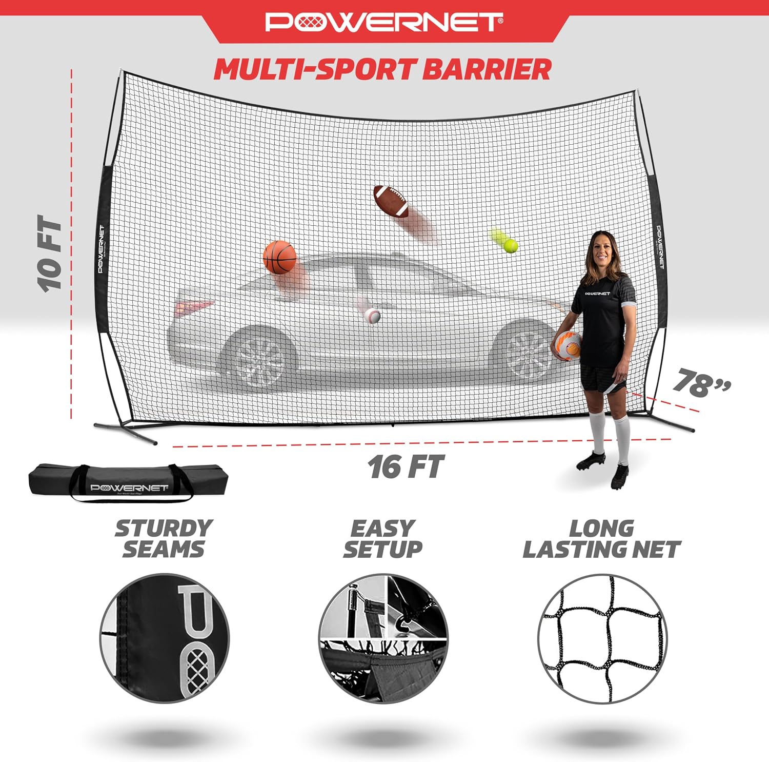 PowerNet Portable Sports Rebounder -Basketball, Volleyball, Soccer, Baseball, Softball and Lacrosse, Backyard & Garage Backstop, Indoor Outdoor Safety Net for Protection