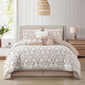 Grand Avenue 7 Piece Blush Comforter Set, King Size Jacquard Bedding Set, All Season Floral Leaves Bedding, Matching Pillows, Shams, Bed Skirt
