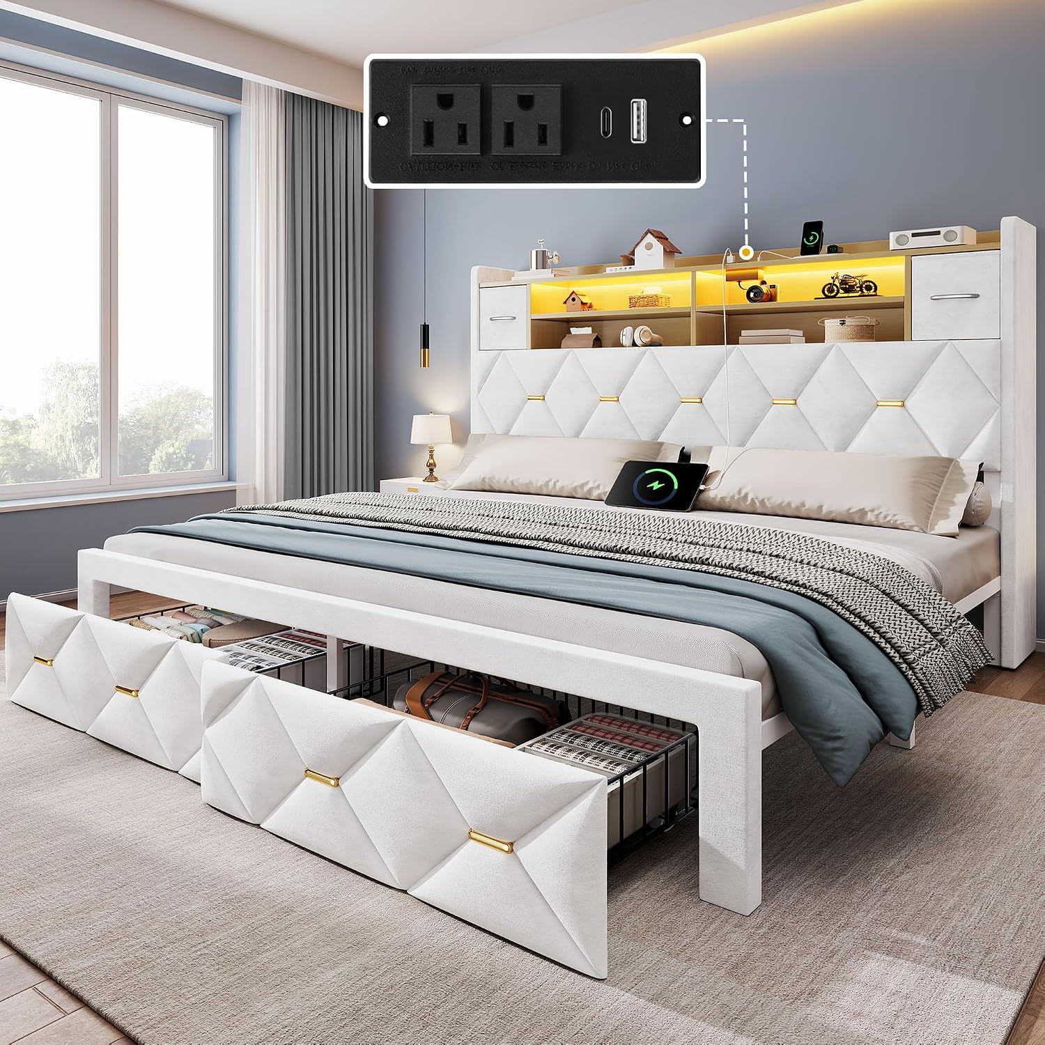 DWVO King Size Bed Frame with 2 Storage Drawers and Storage Headboard, Upholstered Platform with Charging Station and LED Light, No Box Spring Needed, Noise Free, Easy Assembly, Velvet White