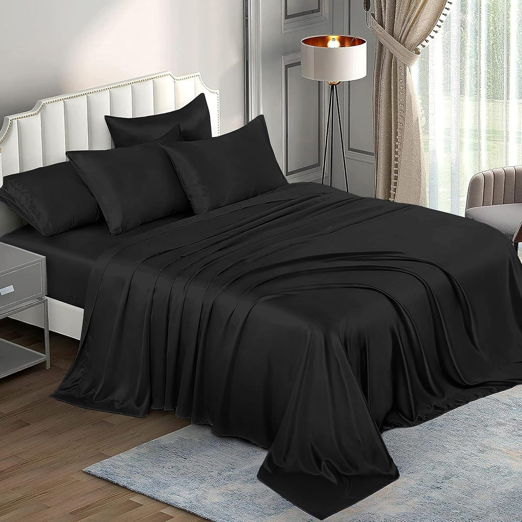 6 Piece Mulberry Silk Sheet Set Cal- King Size (72x84)+ Upto 16 Inch Deep Pocket Black Color Smooth Soft and Silk Bed Sheets Cal King Size Bedding Set
