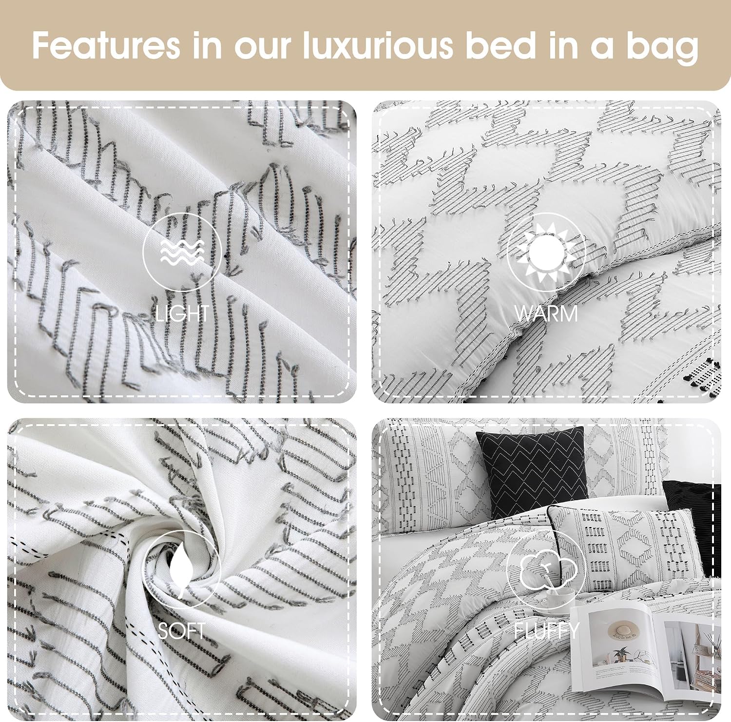 Grand Avenue 7 Piece White Black Comforter Set, Queen Size Clip Bedding Set, All Season Geometric Bedding Set, Matching Pillows, Shams, Bed Skirt