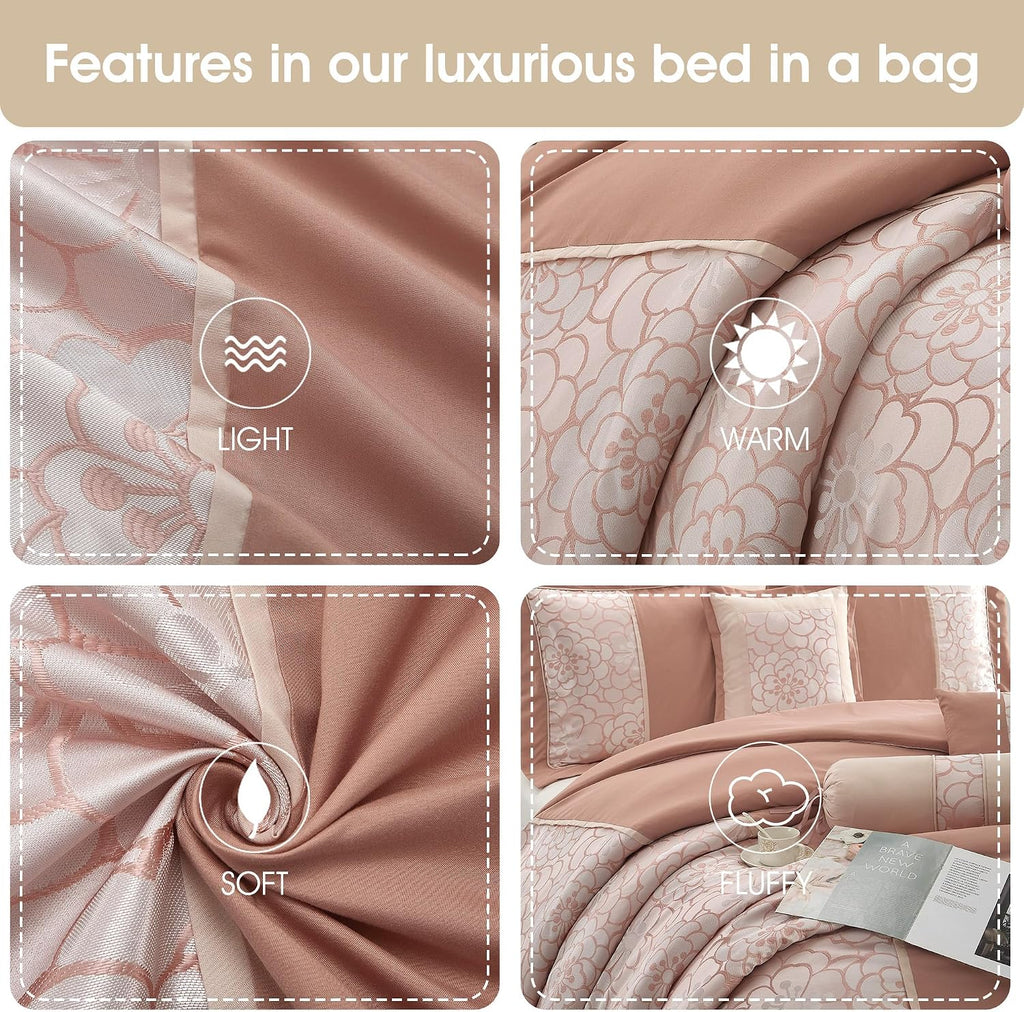 Grand Avenue Blush Comforter Set King Size, 7 Piece Jacquard Soft Bedding Set, All Season, Bedskirt, Pillows & Shams