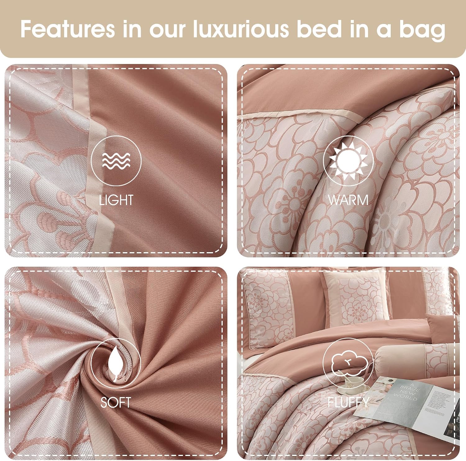 Grand Avenue Blush Comforter Set King Size, 7 Piece Jacquard Soft Bedding Set, All Season, Bedskirt, Pillows & Shams
