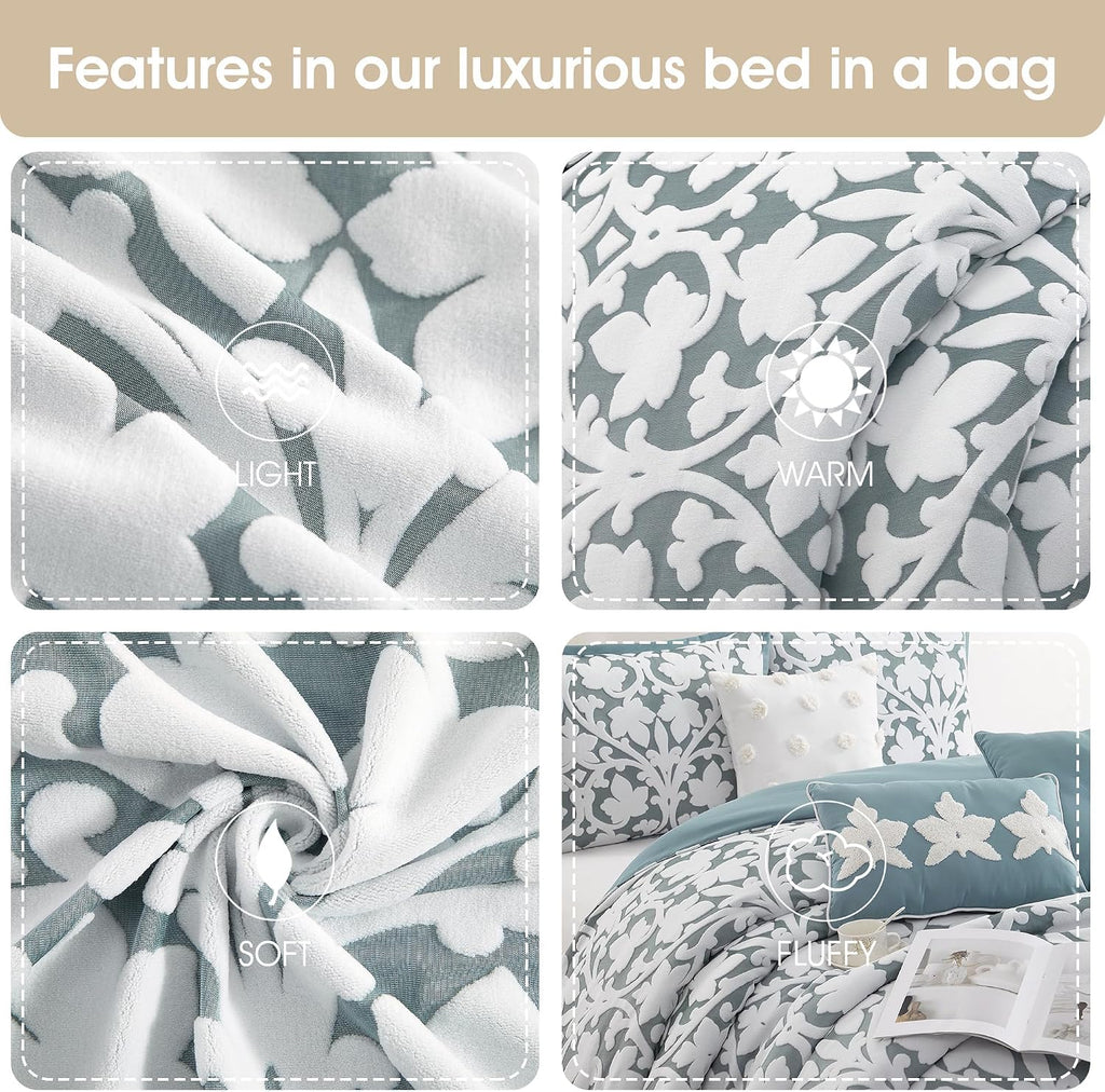 Grand Avenue 7 Piece Blue Comforter Set, Queen Size Jacquard Bedding Set, All Season Floral Leaves Bedding, Matching Pillows, Shams, Bed Skirt