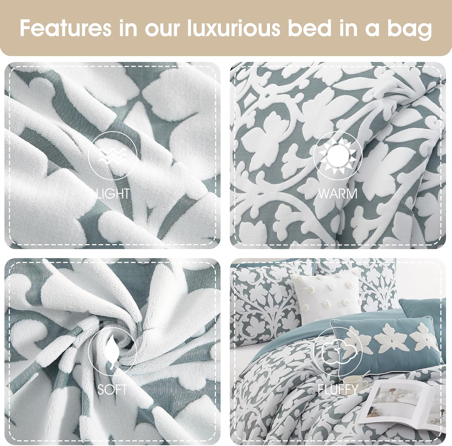 Grand Avenue 7 Piece Blue Comforter Set, Queen Size Jacquard Bedding Set, All Season Floral Leaves Bedding, Matching Pillows, Shams, Bed Skirt