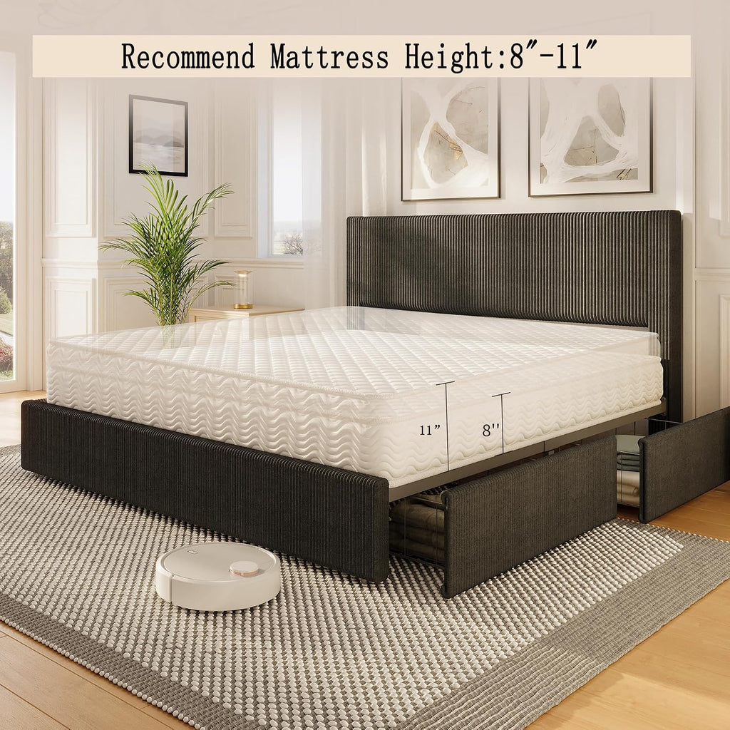 GarveeHome Bed Frame, King Size Platform Bed with 4 Storage Drawers, Upholstered Corduroy Channel Tufted Headboard Bed Frame with Strong Wooden Slat Support, No Box Spring Needed, Black