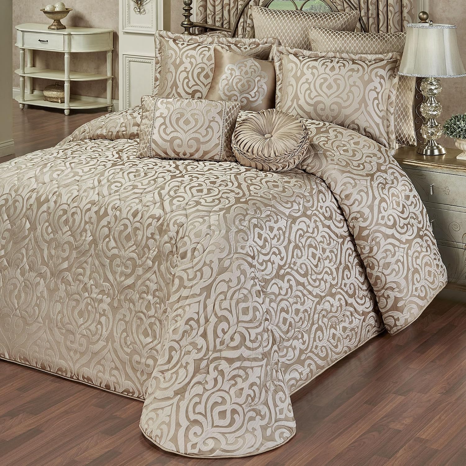 Davenport Luxury Bedding | Neutral Jacquard-Woven Puffed Scrollwork | 10 Pc Set includes King Bedspread, 2 King Shams, 2 European Shams, 2 European Pillow Inserts, and 3 Decorative Reversible Pillows