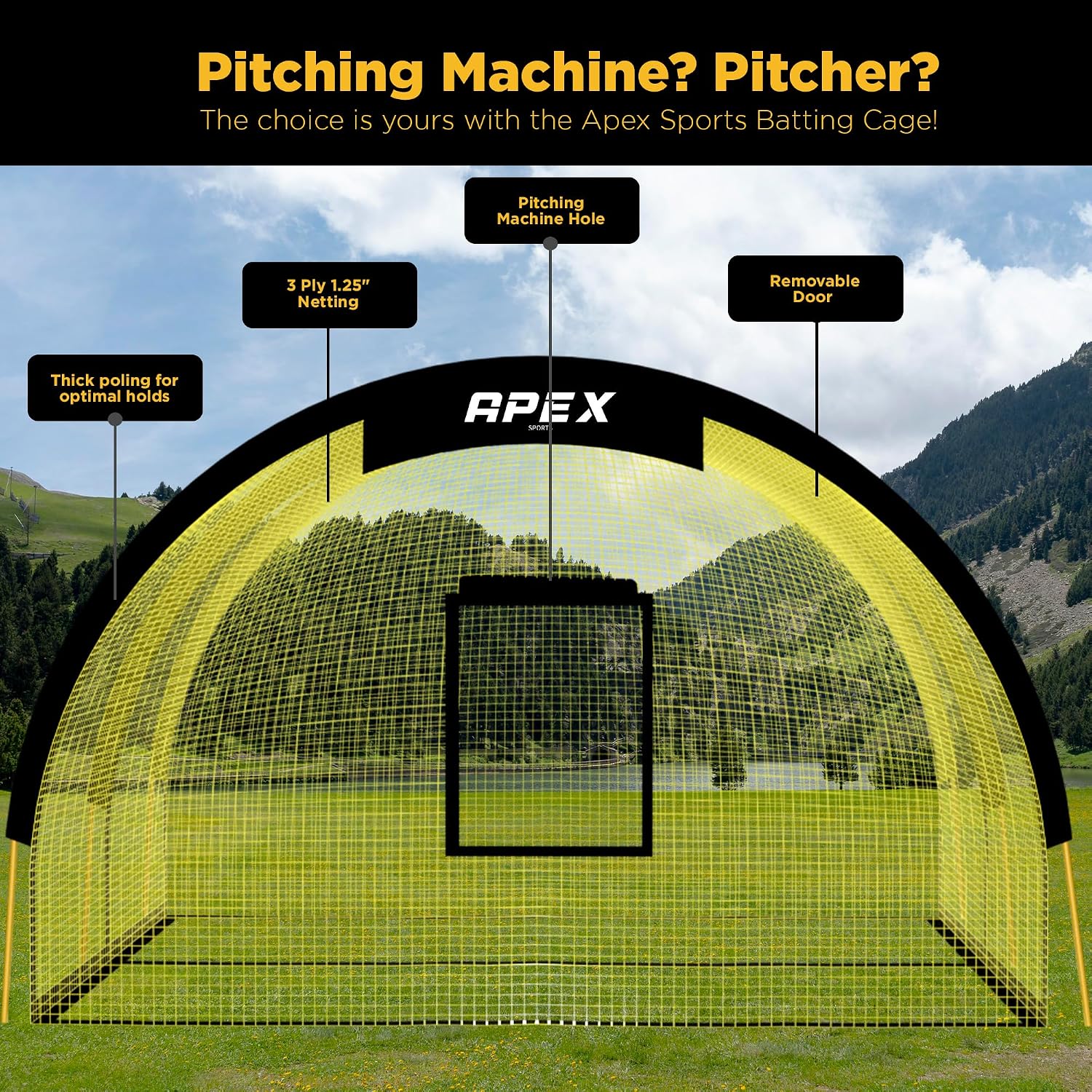 Apex Sports Portable 22ft x 12ft x 8ft Baseball & Softball Batting Cage with Pitching Machine Hole, 3ply 1.25'' Yellow Netting, Secure Steel Poles, 12.7MM Fibreglass Poles, Carry Bag Included