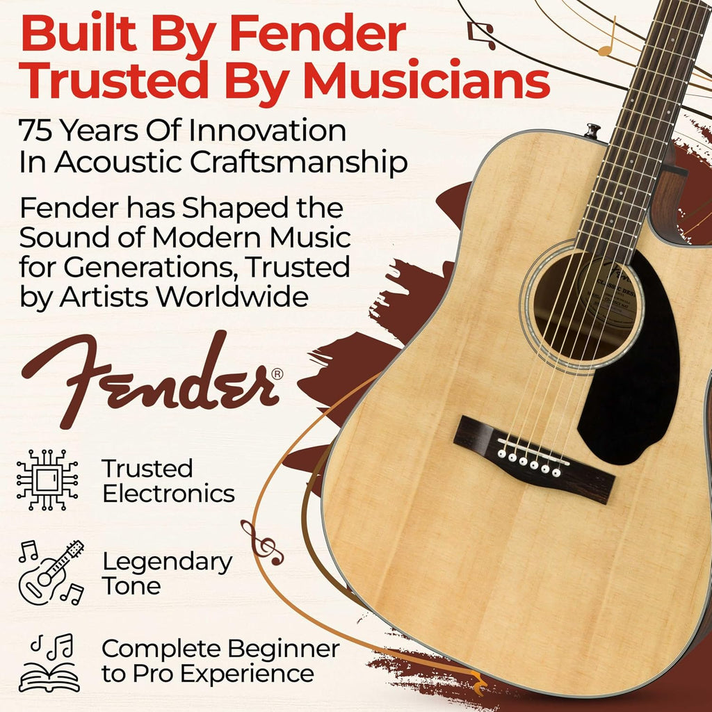 Fender CD-60SCE Solid Top Dreadnought Acoustic-Electric Guitar - Natural Bundle with Hard Case, Instrument Cable, Tuner, Strap, Strings, Picks, Austin Bazaar Instructional DVD, and Polishing Cloth