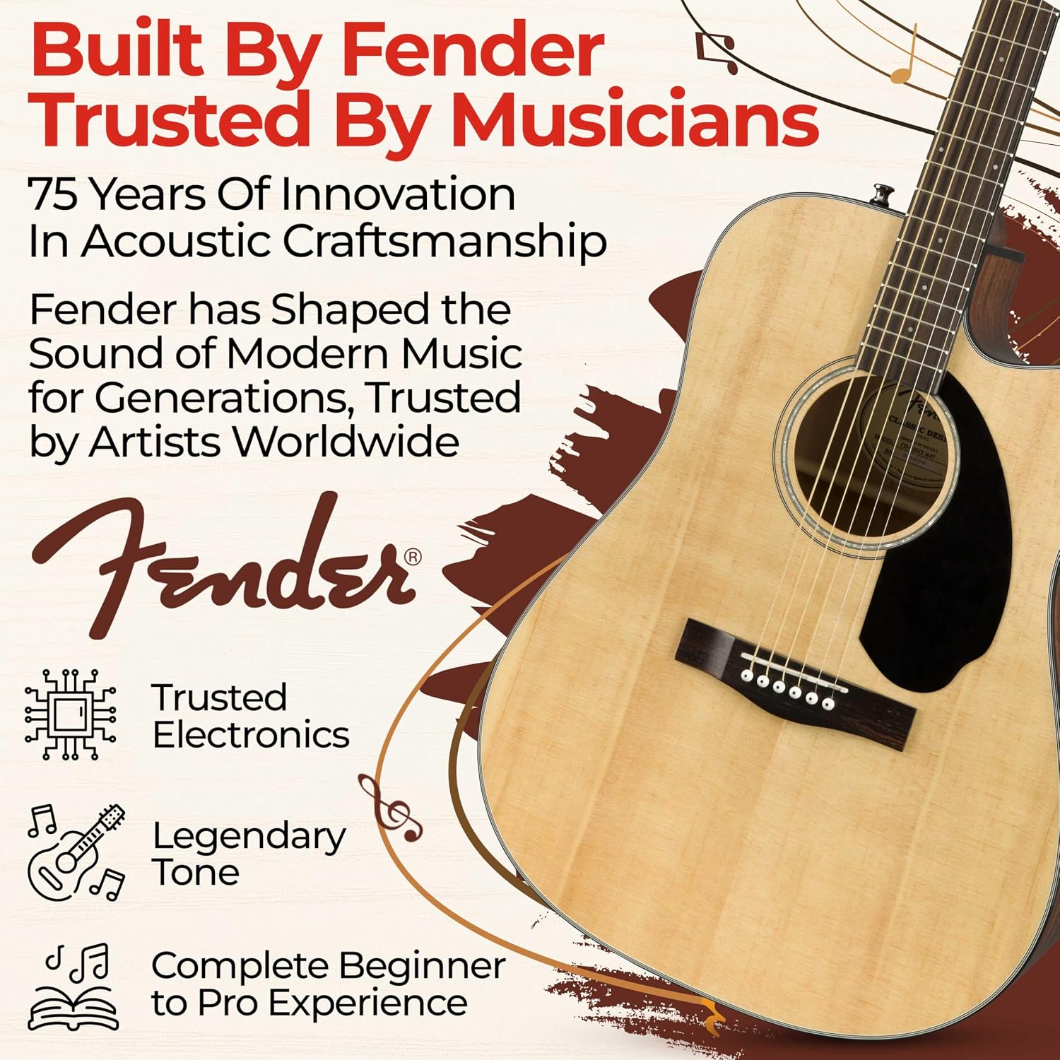 Fender CD-60SCE Solid Top Dreadnought Acoustic-Electric Guitar - Natural Bundle with Hard Case, Instrument Cable, Tuner, Strap, Strings, Picks, Austin Bazaar Instructional DVD, and Polishing Cloth