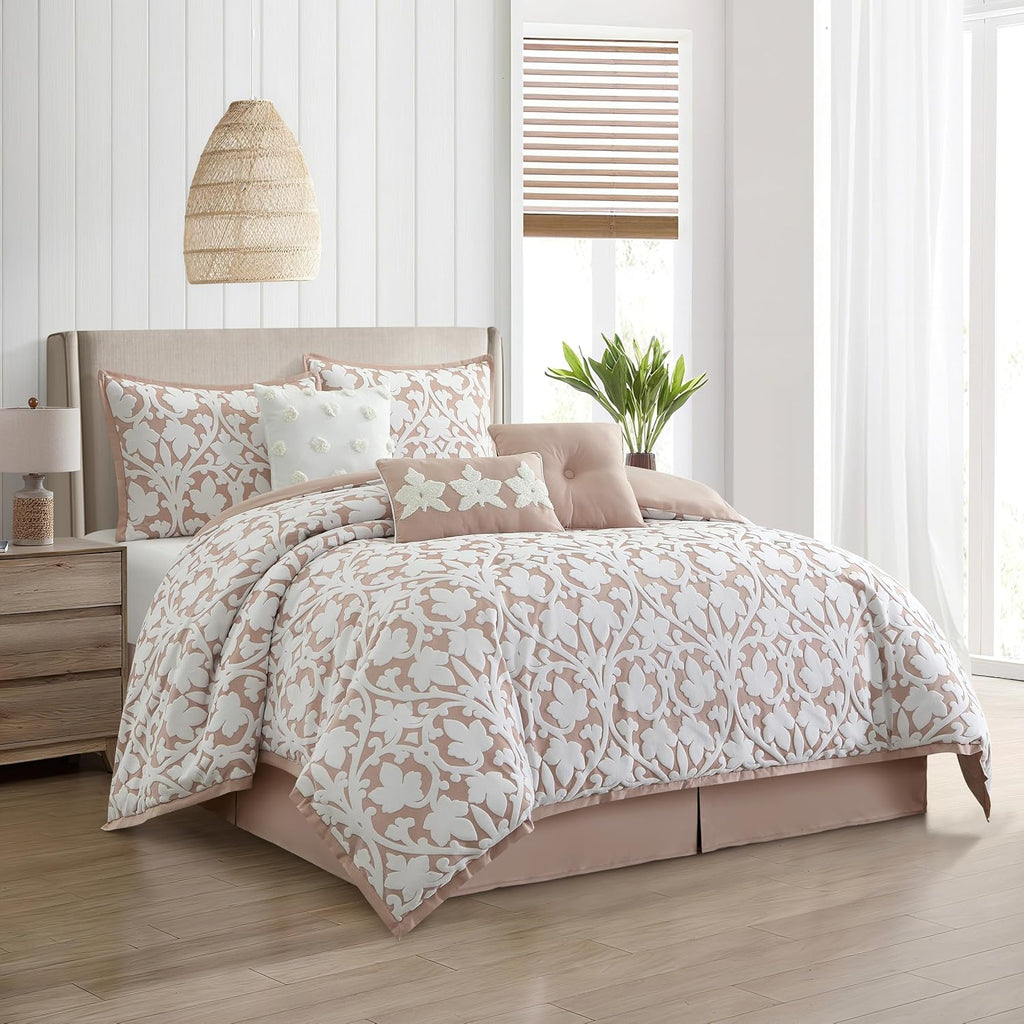 Grand Avenue 7 Piece Blush Comforter Set, King Size Jacquard Bedding Set, All Season Floral Leaves Bedding, Matching Pillows, Shams, Bed Skirt