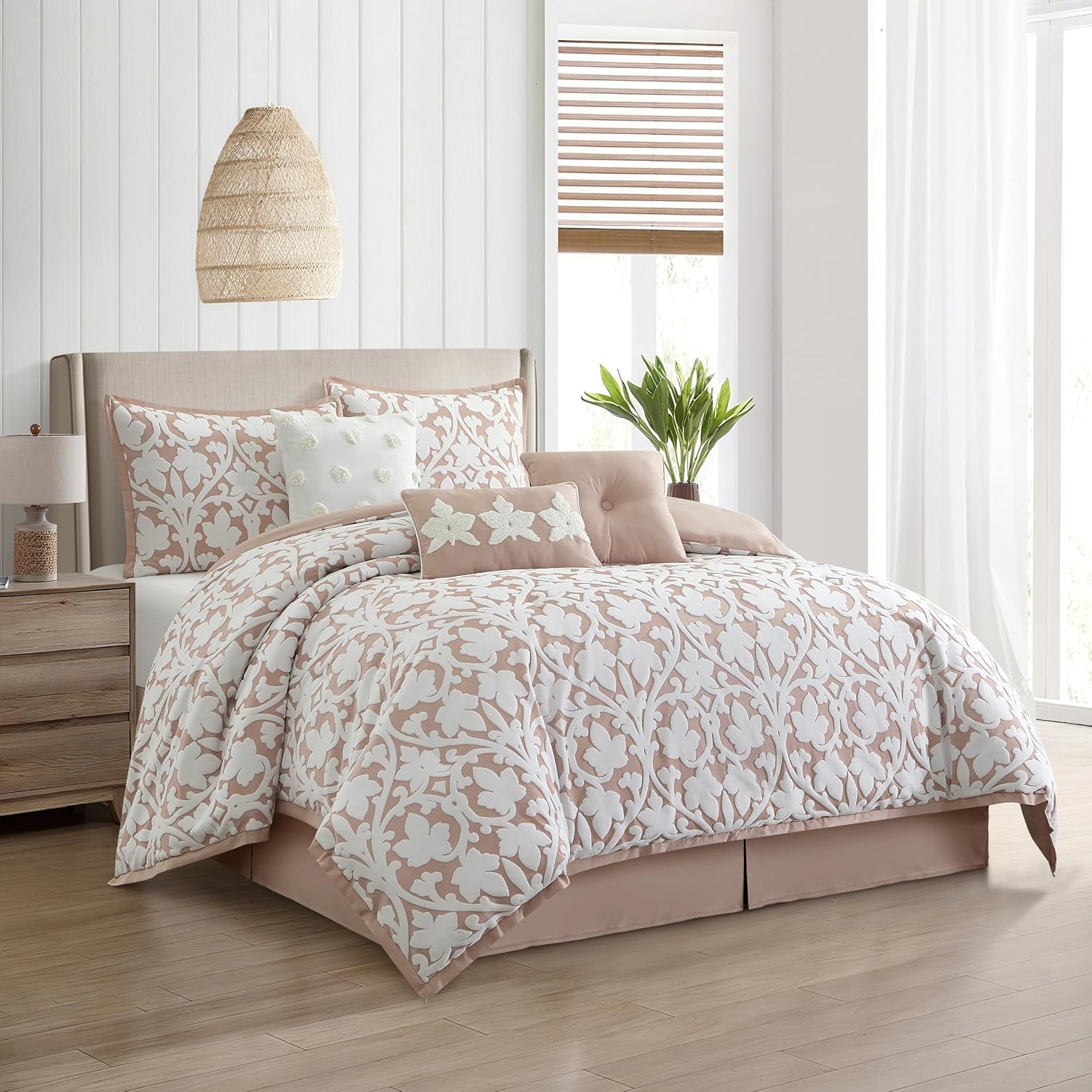 Grand Avenue 7 Piece Blush Comforter Set, King Size Jacquard Bedding Set, All Season Floral Leaves Bedding, Matching Pillows, Shams, Bed Skirt