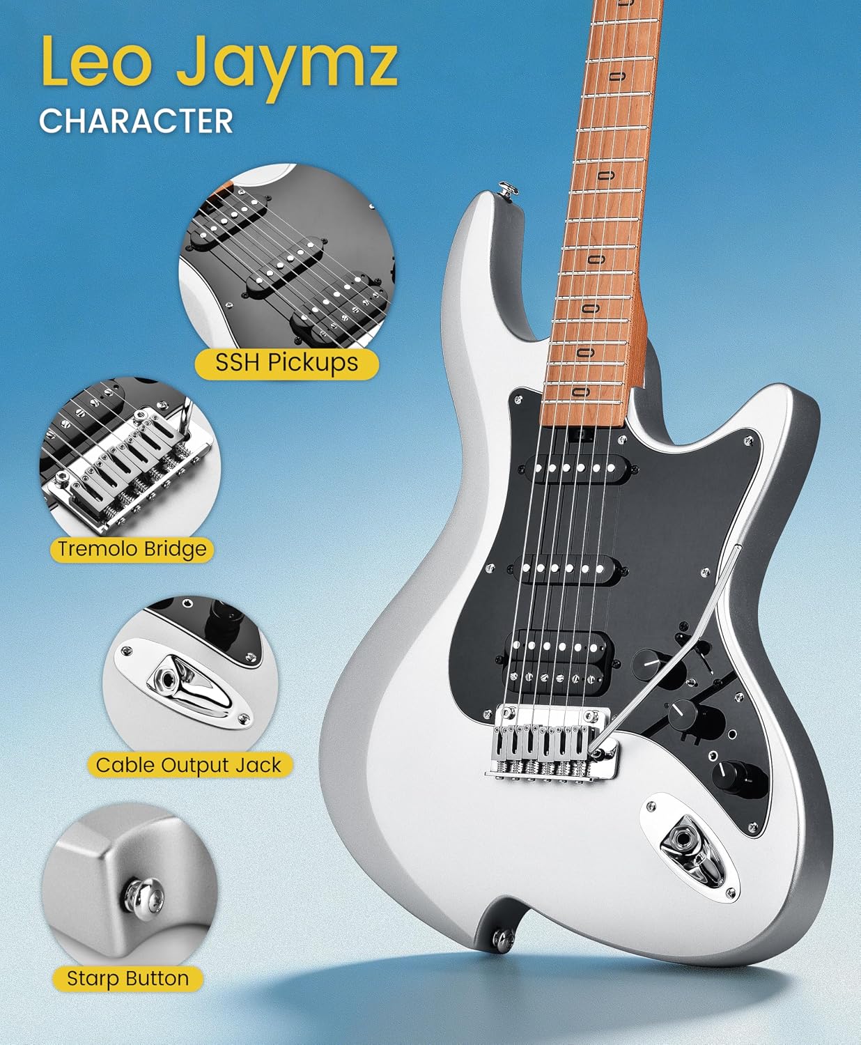 Leo Jaymz Character Series Electric Guitar with Roasted Maple Neck, SSH Active Pickups, Built-in Multi-Effects & Vintage Tremolo(Matte Silver)
