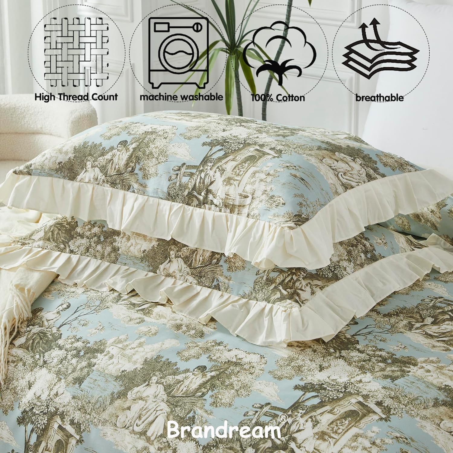 Brandream French Country Cottagecore Toile Floral Duvet Quilt Cover King Size 100% Cotton Bedding Set Toile Tapestry Pattern Blossom Tree Branches Delicate Ruffle Fringe Design