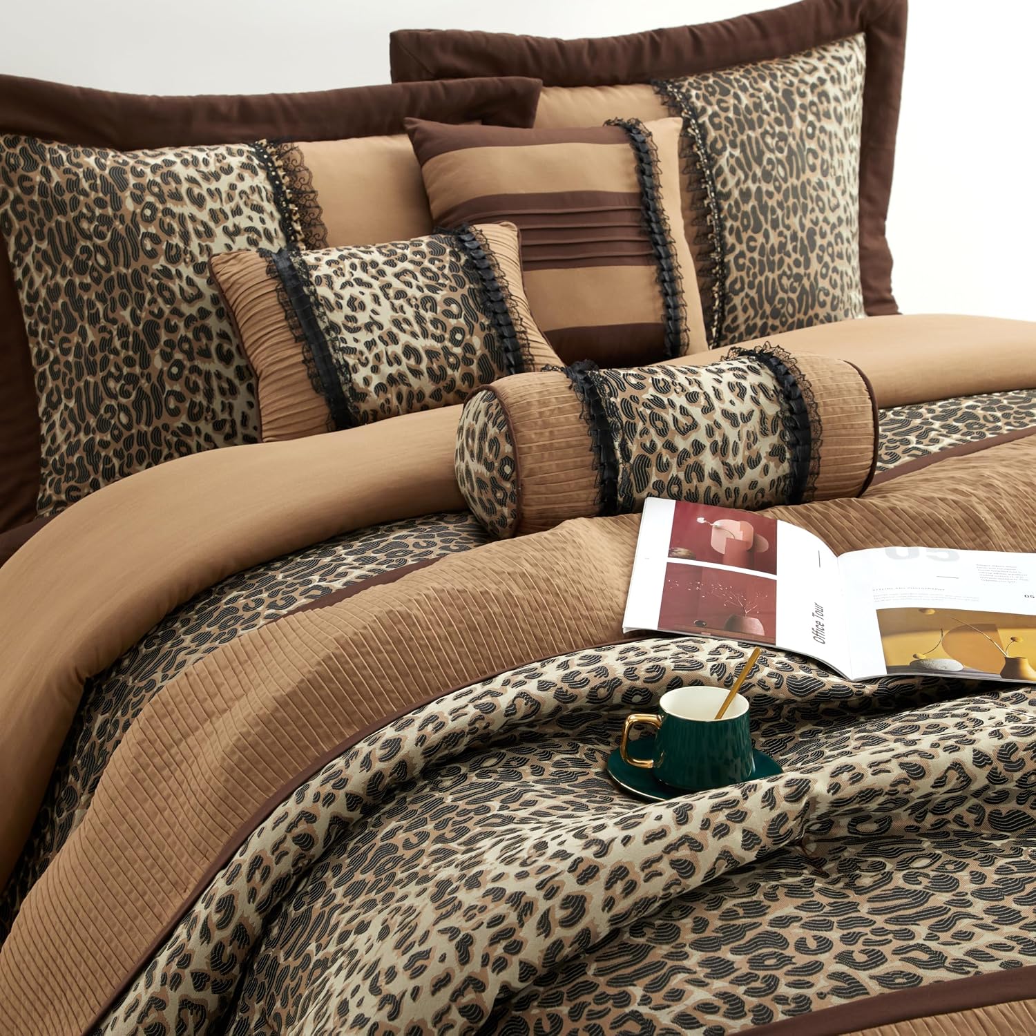 Grand Avenue Brown/Taupe Leopard Full Size Comforter Set, 7 Piece, Bedding Comforters & Sets, Pillow Shams Bedskirt, Home Decor
