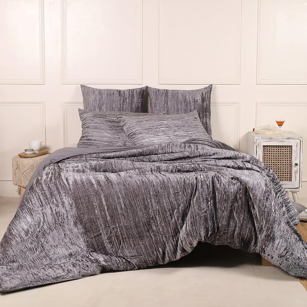 The Harry Creations 3 Pcs Set Solid Pattern Velvet Bedding Ultra Donna Crushed Luxury Boho Duvet Cover (Crush- Gray, Super King Plus 114' x 118')