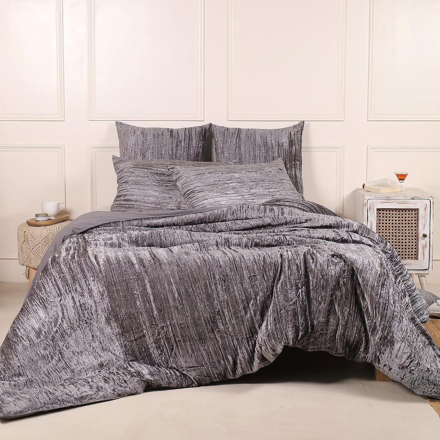 The Harry Creations 3 Pcs Set Solid Pattern Velvet Bedding Ultra Donna Crushed Luxury Boho Duvet Cover (Crush- Gray, Super King Plus 114' x 118')