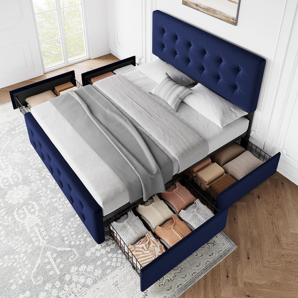 Full Size Platform Bed Frame with 4 Storage Drawers & Headboard, Faux Leather Upholstered, Button Tufted Design, Wooden Slats Support, Noise-Free Mattress Foundation, No Box Spring Needed, Blue