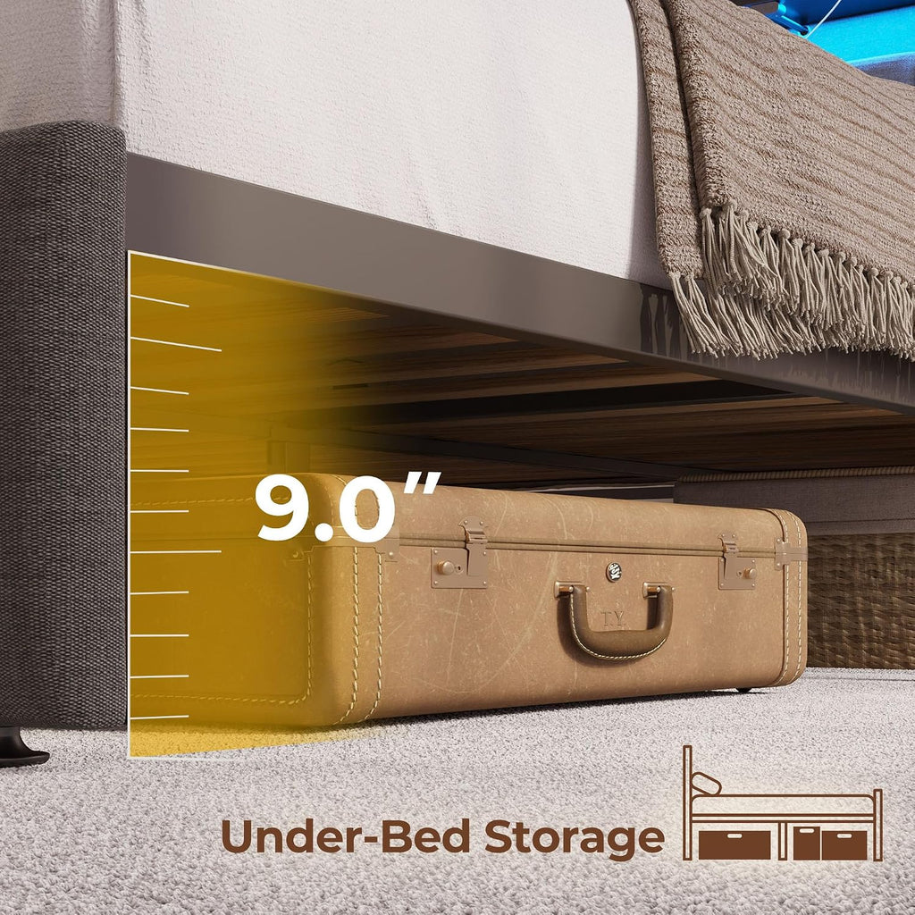 Rolanstar Queen Size Bed Frame with LED Lights and Charging Station, Upholstered Headboard with 2-Tier Storage Shelves, Heavy Duty Metal Frame, Noise-Free Support, Easy Assembly, No Box Spring Needed