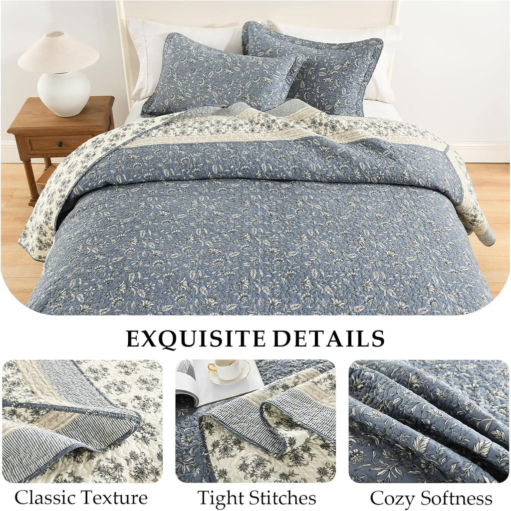 Floral Bedspread 128'x120' California King Bedspread, 100% Cotton XL Oversized King Quilt with 2 Pillowshams, Lightweight Botanical Quilted Bedspreads Coverlet Set, Blue/Gray/Beige, 3 Pcs